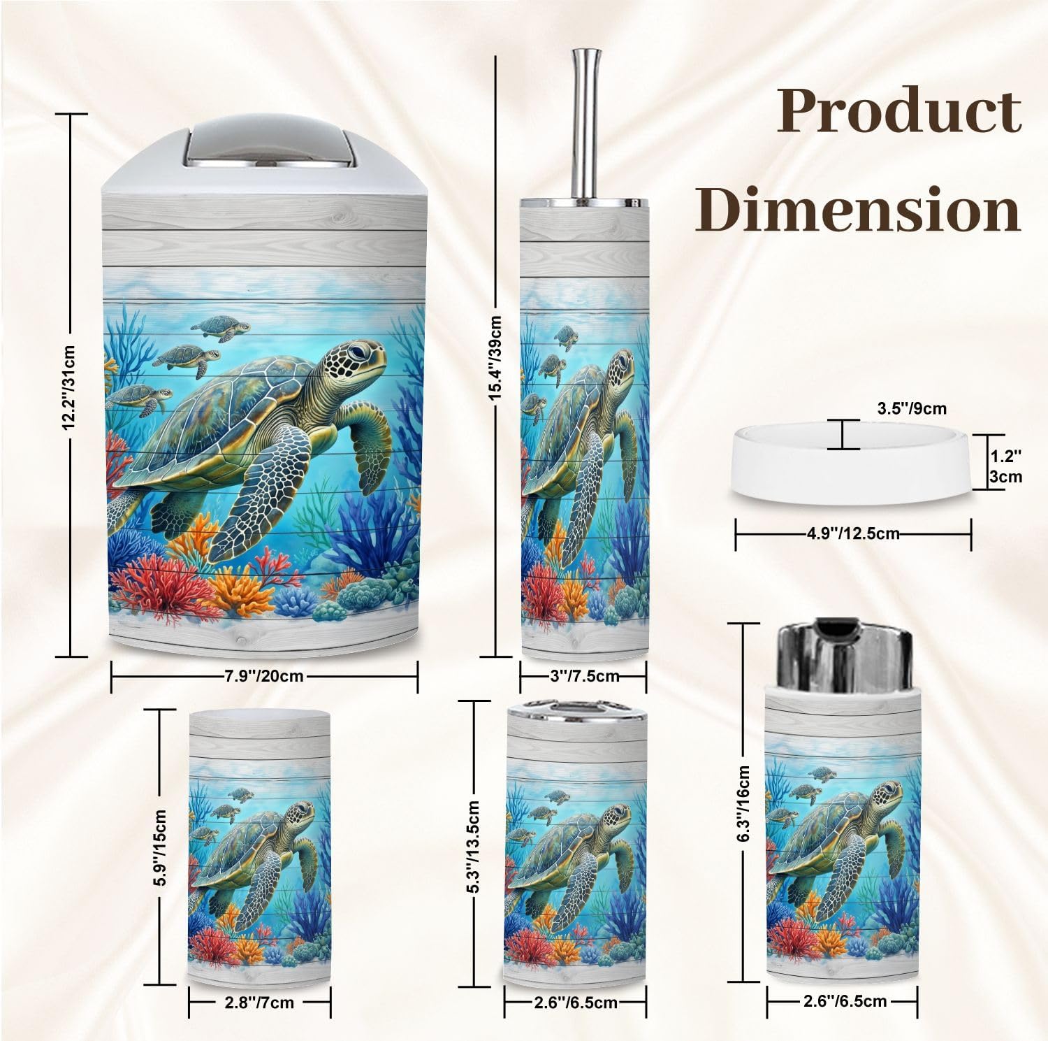Bathroom Accessory Set 6 Piece Underwater Sea Turtle Colorful Coral Marine Life Ocean Coastal Trash can, Toothbrush Holder, Toothbrush Cup, Soap Dispenser, Soap Dish, Toilet Brush Holder