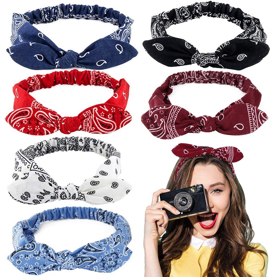 Fasce per Capelli con Fiocco, Carino Coniglio Orecchie Fasce, Stile Vintage Elastico Turbante Accessori Copricapo Cerchietti (6 Pezzi)