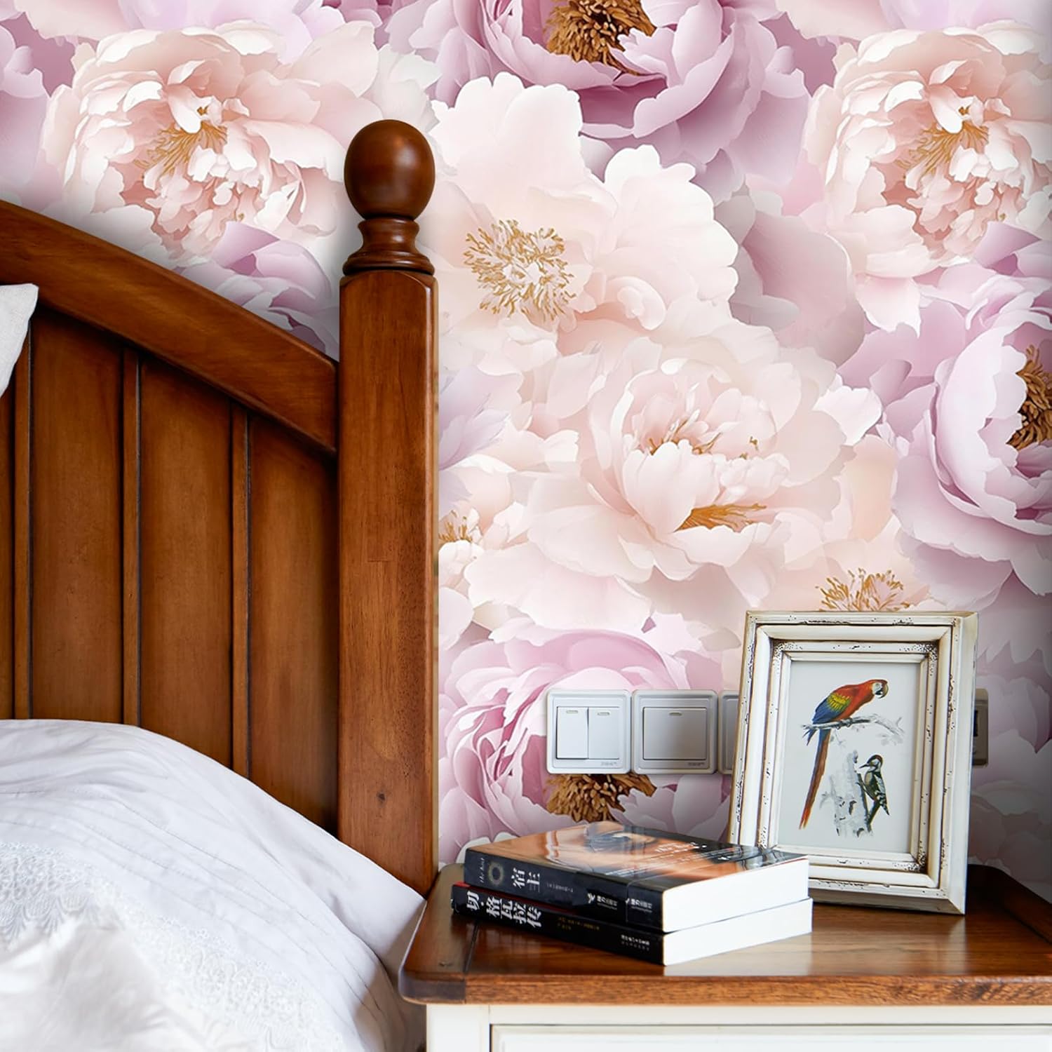 Pink Modern Blooming Floral Wallpaper Self Adhesive Peel and Stick Watercolor Peony Elegant Stamens Flower Paper Removable Waterproof for Bedroom Renter Friendly 17.71"x 236.2"