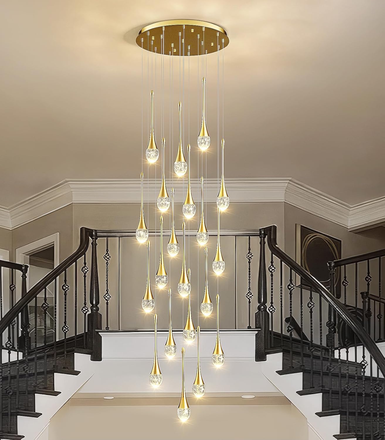 Raindrop Crystal Chandelier High Ceiling: 20 Lights Remote Dimmable LED - Large Long Modern Bubble Hanging Pendant Light Fixture Teardrop Spiral Chandeliers for Living Room Staircase Entryway Foyer Gold 20 Lights