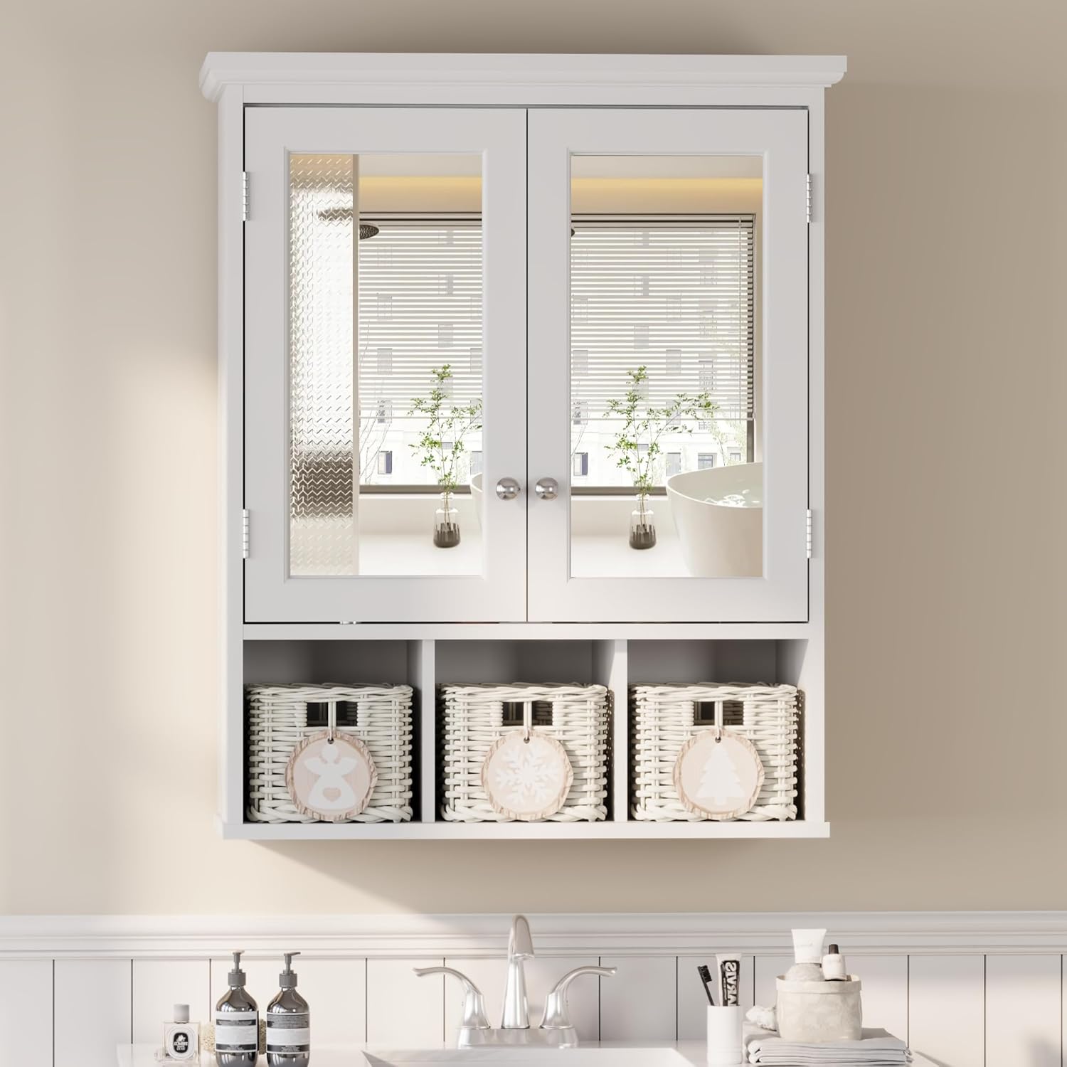 Bathroom Medicine Cabinet with Mirror, Wall Mounted Storage Cabinet with 3 Christmas Baskets, 2 Adjustable Shelves and Storage Baskets, Laundry Room, Kitchen