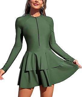 ZAFUL Women's One Piece Rash Guard Long Sleeve Modest Swimsuits Dress Zipper Bathing Suit