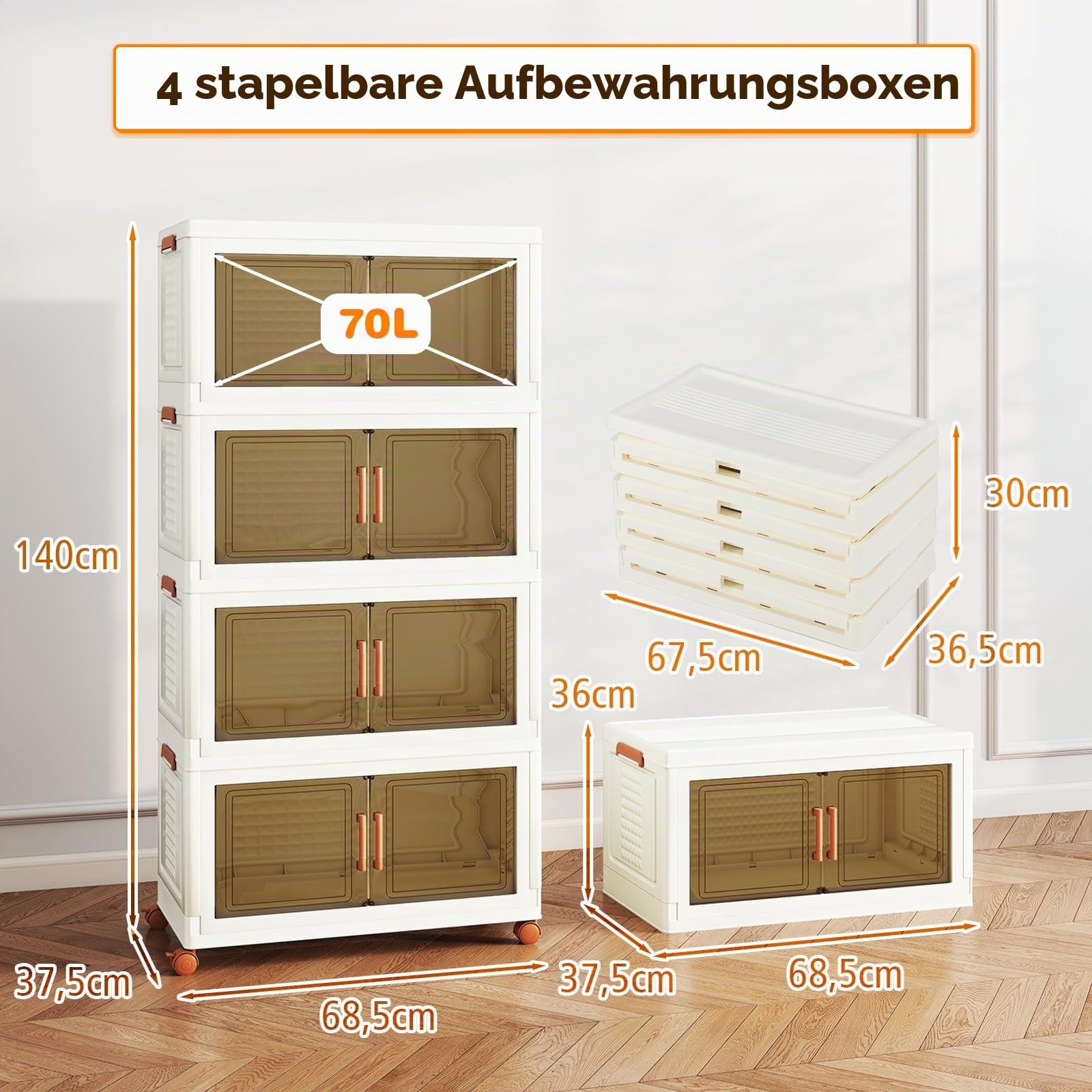 GIANTEX 4er Aufbewahrungsbox mit Deckel, 4 x 70 L Stapelboxen Faltbar, Aufbewahrungsbehälter mit Doppeltüren & Rollen, Kisten Aufbewahrung Stapelbar, Aufbewahrungskisten Kunststoffbox Ordnungsbox