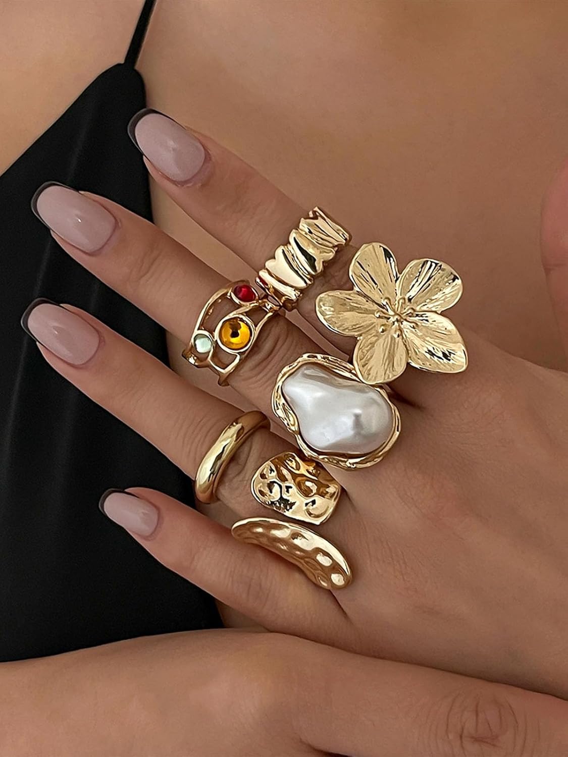 Bravace 6PCS Stacking Rings Set for Women Open Adjustable Gold Chunky Joint Knuckle Rings Vintage Thick Ring Flower Baroque Pearl Punk Statement Jewelry Gift - Image 2