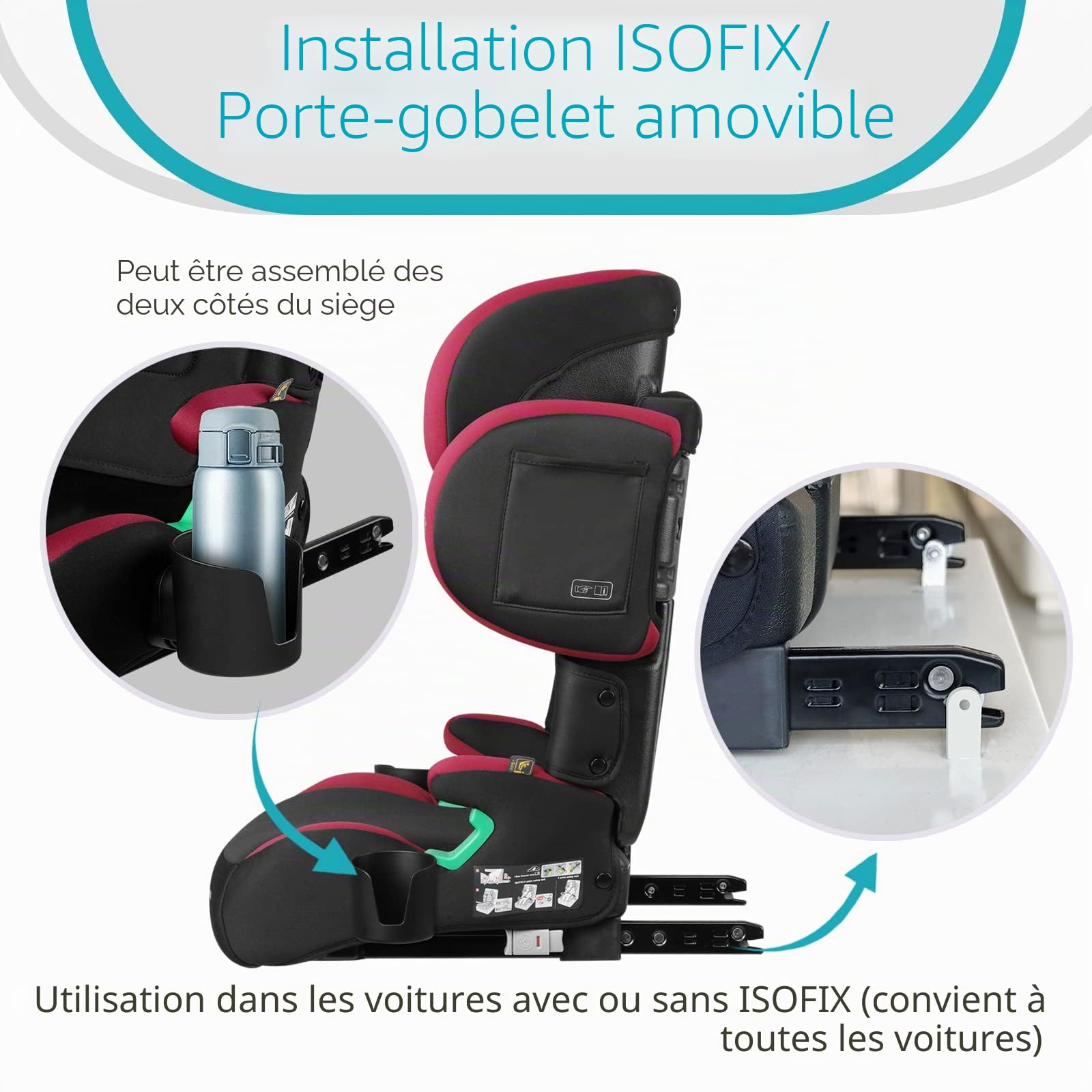 globalkids Siège auto pour enfant, de 15 à 36 kg, avec Isofix, rehausseur i-Size R129, d'environ 3,5 à 12 ans (100 à 150 cm), accoudoirs et appui-tête réglables en hauteur, léger, avec porte-gobelet