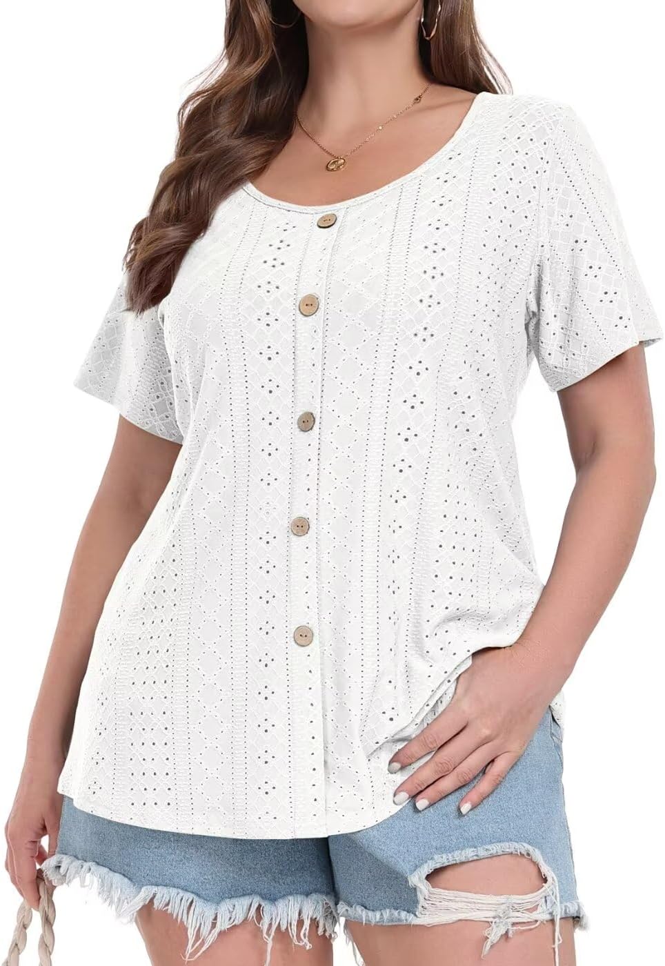 MONNURO Womens Plus Size Tops Summer Eyelet Short Sleeve Tunic Shirts Button Decor Loose Casual Blouses for Leggings(White,3X)