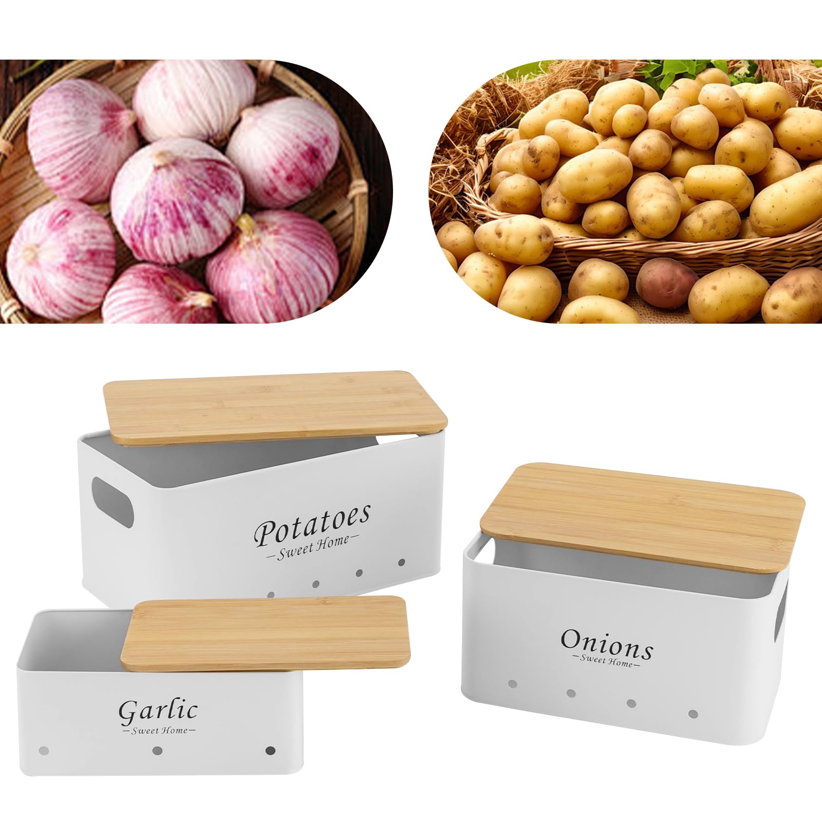 Juego de contenedores de 3 piezas, apilable, con asas ventiladas, recipiente de almacenamiento para organizar cebollas, patatas y ajos en la cámara de almacenamiento de cocina