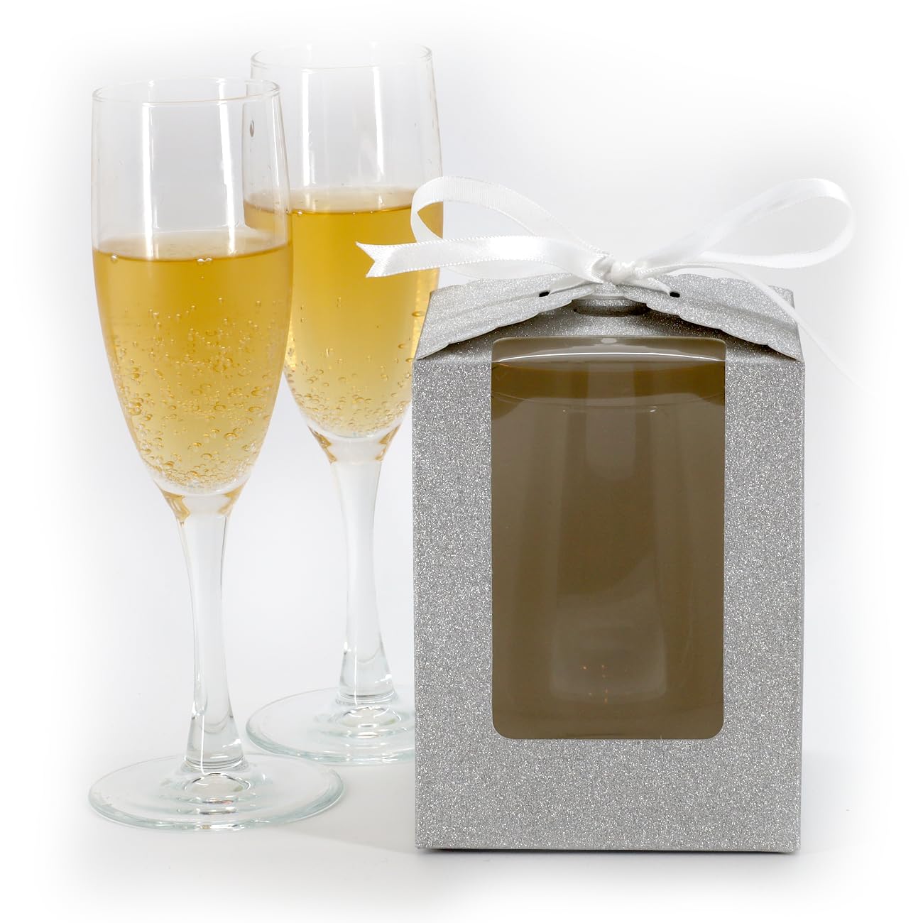 Silver Sparkling Favor Boxex-40 Ct Large 4"x4"x5" Clear Window. Includes 2 Ribbons (40 White 40 Black) Stemless Wine Glass Gift Box. Bottom Insert for
