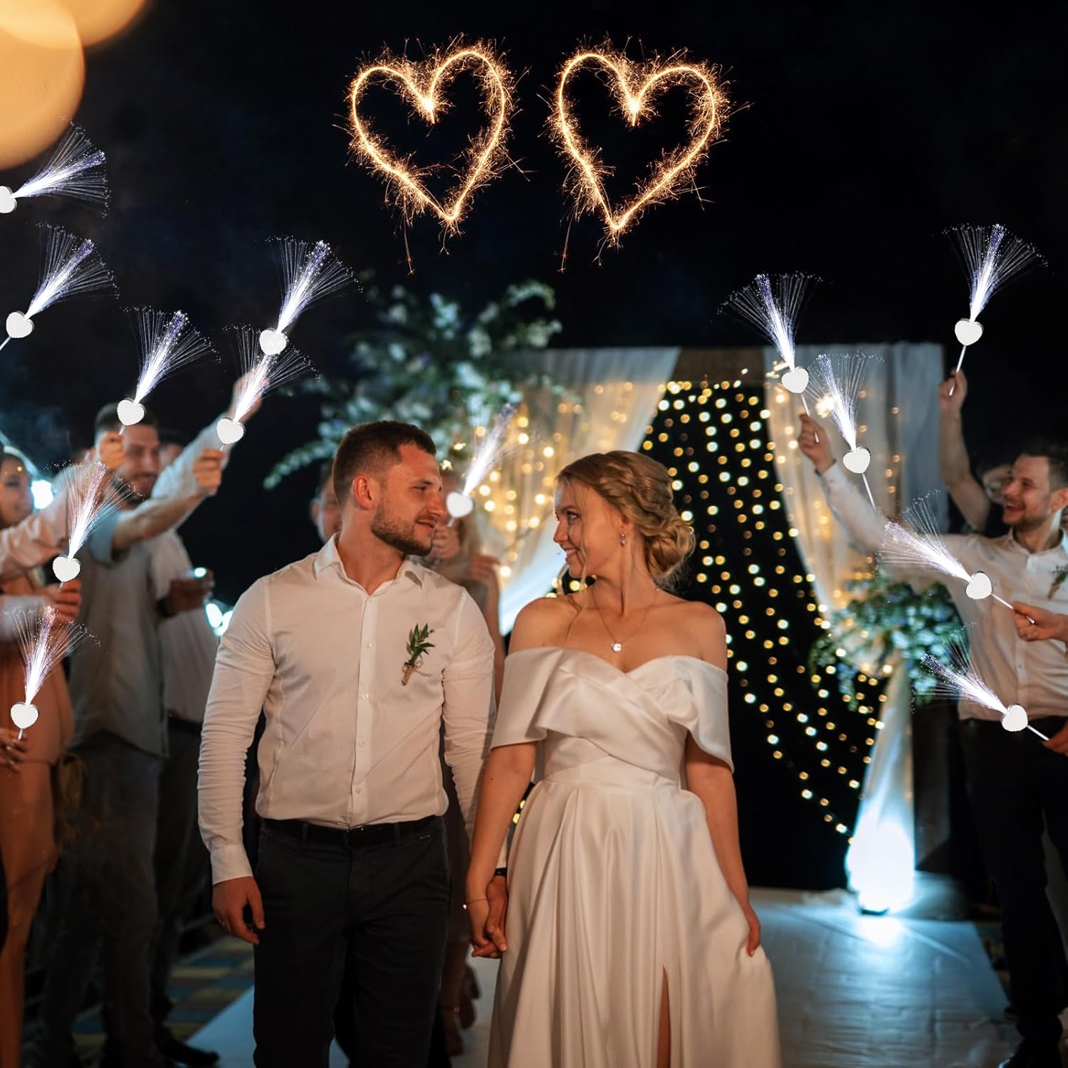 50 Pcs LED Wedding Sparklers Glow Sticks Heart Shape Long Fiber Optic Wands with 3 Light Modes for Send Off Reception Valentine Proposal Carnival Birthday Party Supplies Dance Floor Prop (White)