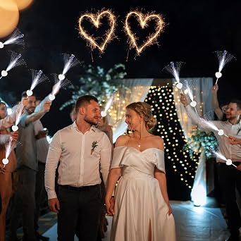 Tujoe 100 Pcs Wedding Fiber Optic Wands Heart Shape Glow Sticks,White | LED Wedding Send Off Sparklers, 15.7 inch with 3 Light Modes, Wedding Party Supplies, Proposal, Bridal Shower, Dance Floor