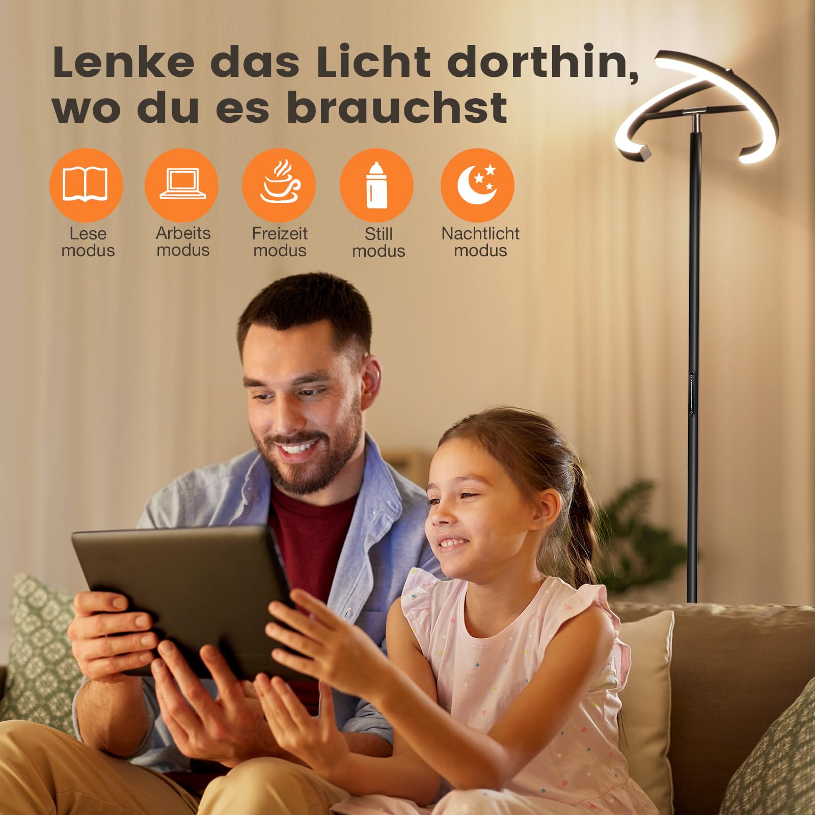 SIBRILLE LED Stehlampe Wohnzimmer, Schwarz Stehlampe Dimmbar 22W 1300LM Modern Deckenfluter LED mit Fernbedienung Warmweiß Kaltweiß Leselampe, Touch Stehleuchte für Büro Wohnzimmer Schlafzimmer Hotel