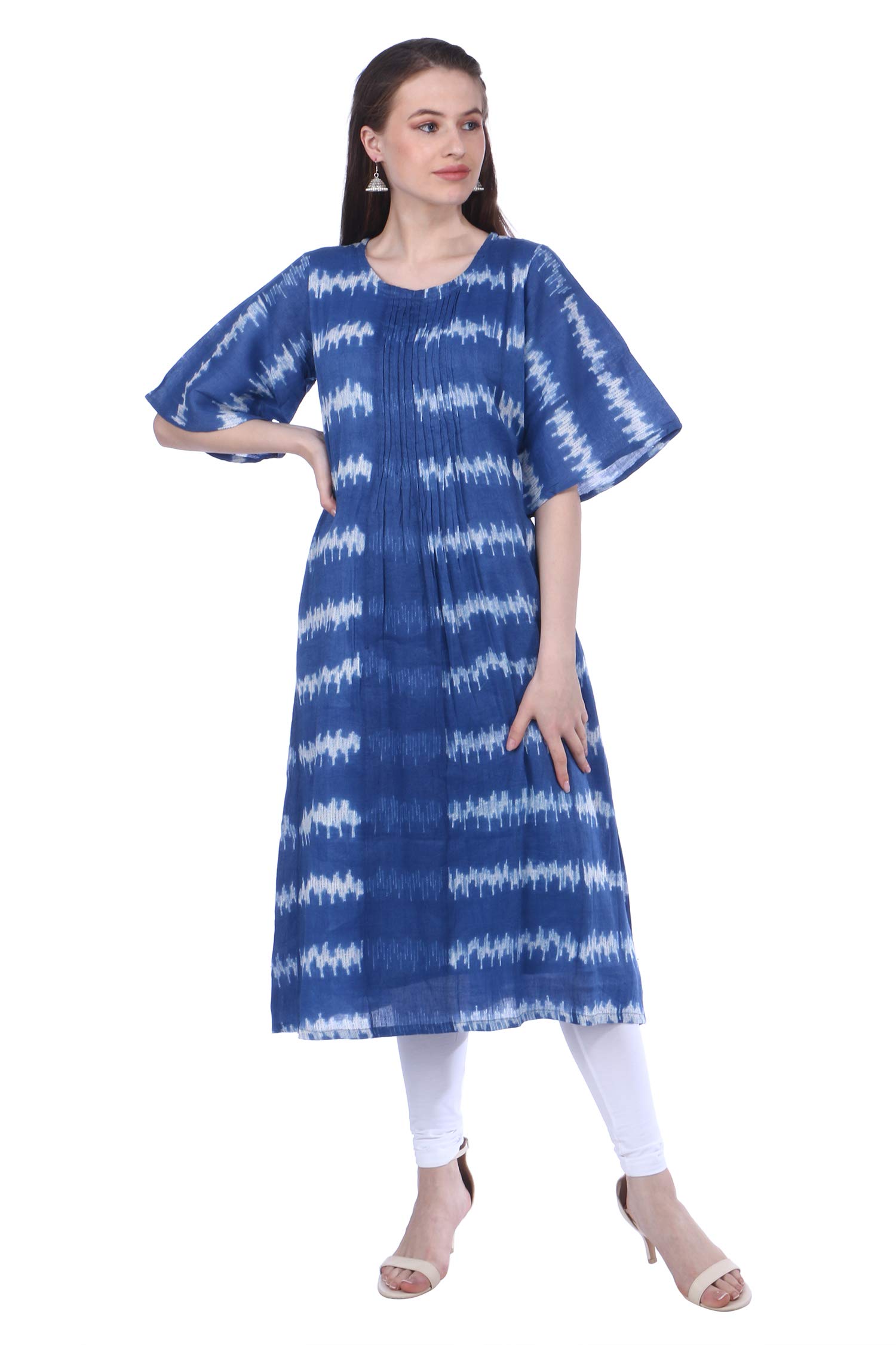 LoomKatha Women's Linen Pleated A-Line Handloom Kurta with Bell Sleeves (LK-135/BLIN_Blue_Large)