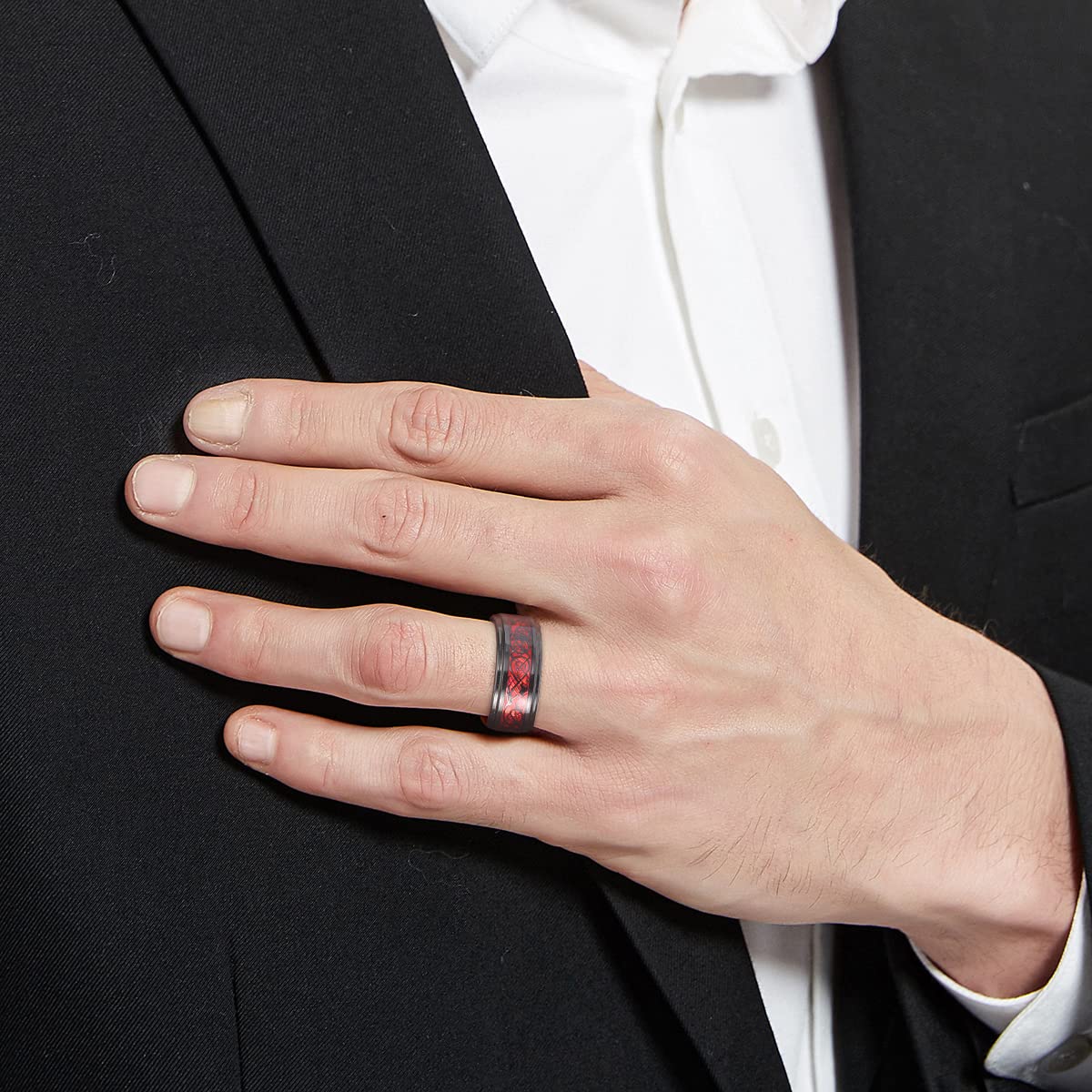 NUNCAD Bague Homme Dragon Celtique, Anneau en Tungstène avec Fibre de Carbone, 8mm, Bague/Bleu/Or/Noir/Rouge