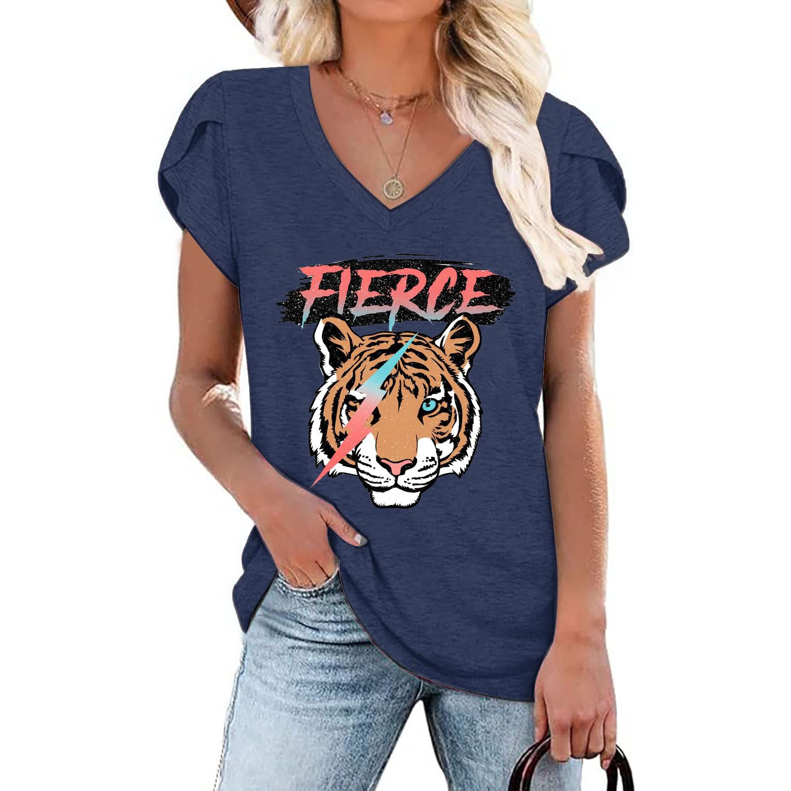 IHAOIZ Womens Flamingo Print Tops Summer Sexy V Neck Petal Sleeve Casual Tee Tshirts S-3XL