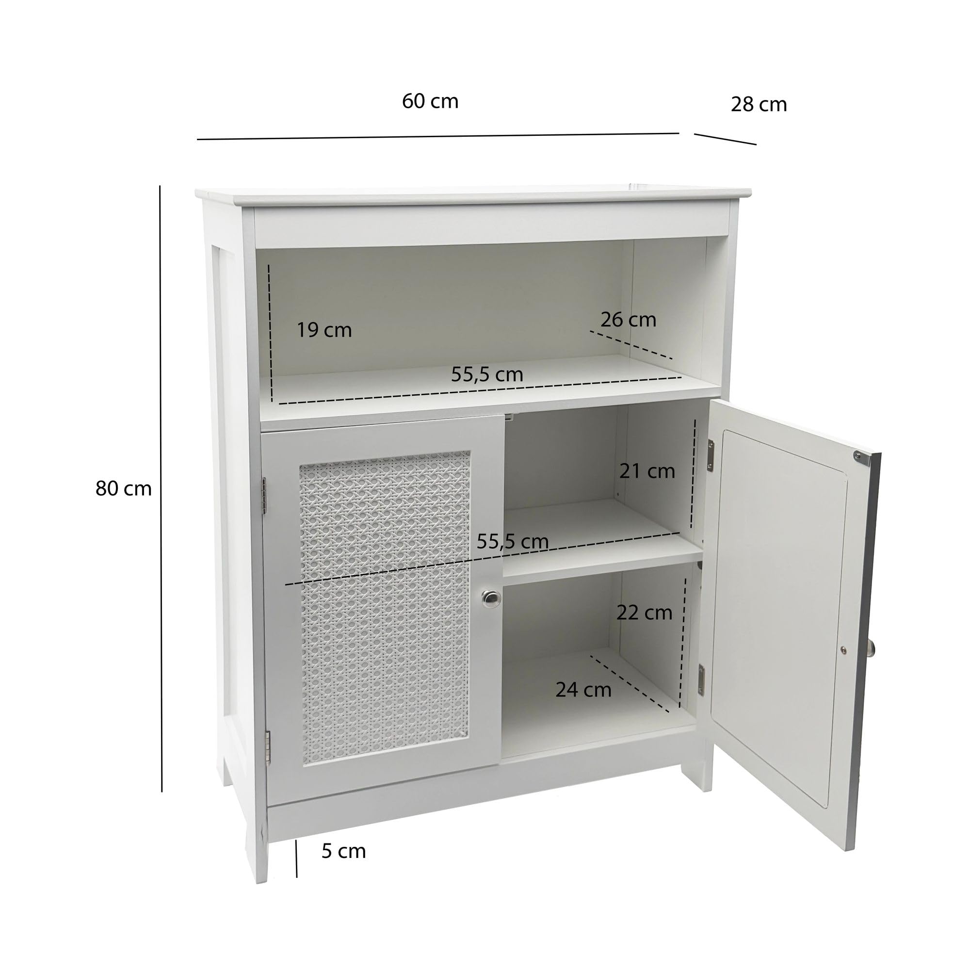 WOHNLING Meuble de Salle de Bain 60x28x80 cm Blanc Cannage, Portes Étagère