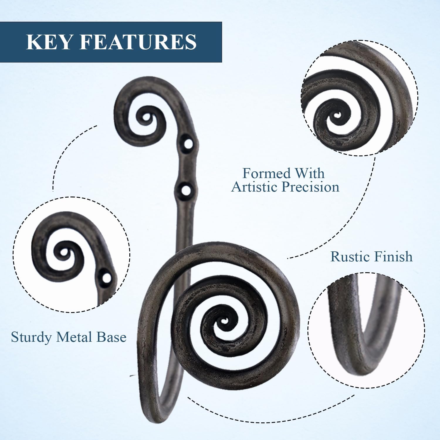 The Metal Magician Sturdy Wrought Iron Wall Mounted Curtain Holdbacks - Curtain Holders for Living Room, Bedroom, Kitchen, Office - (Swirl - Antique Nickel) - Pack of 2