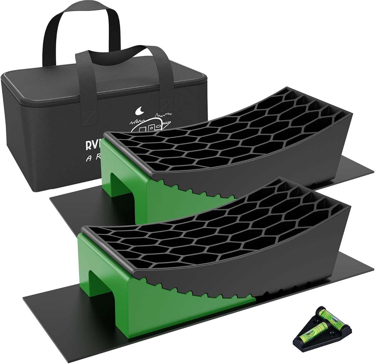 RVMATE Camper Levelers 8-Piece Kit RV Leveling Blocks Camper Wheel Chocks Including Two Curved Levelers, Two Chocks, and Two Rubber Grip Mats in Storage Carrying Bag
