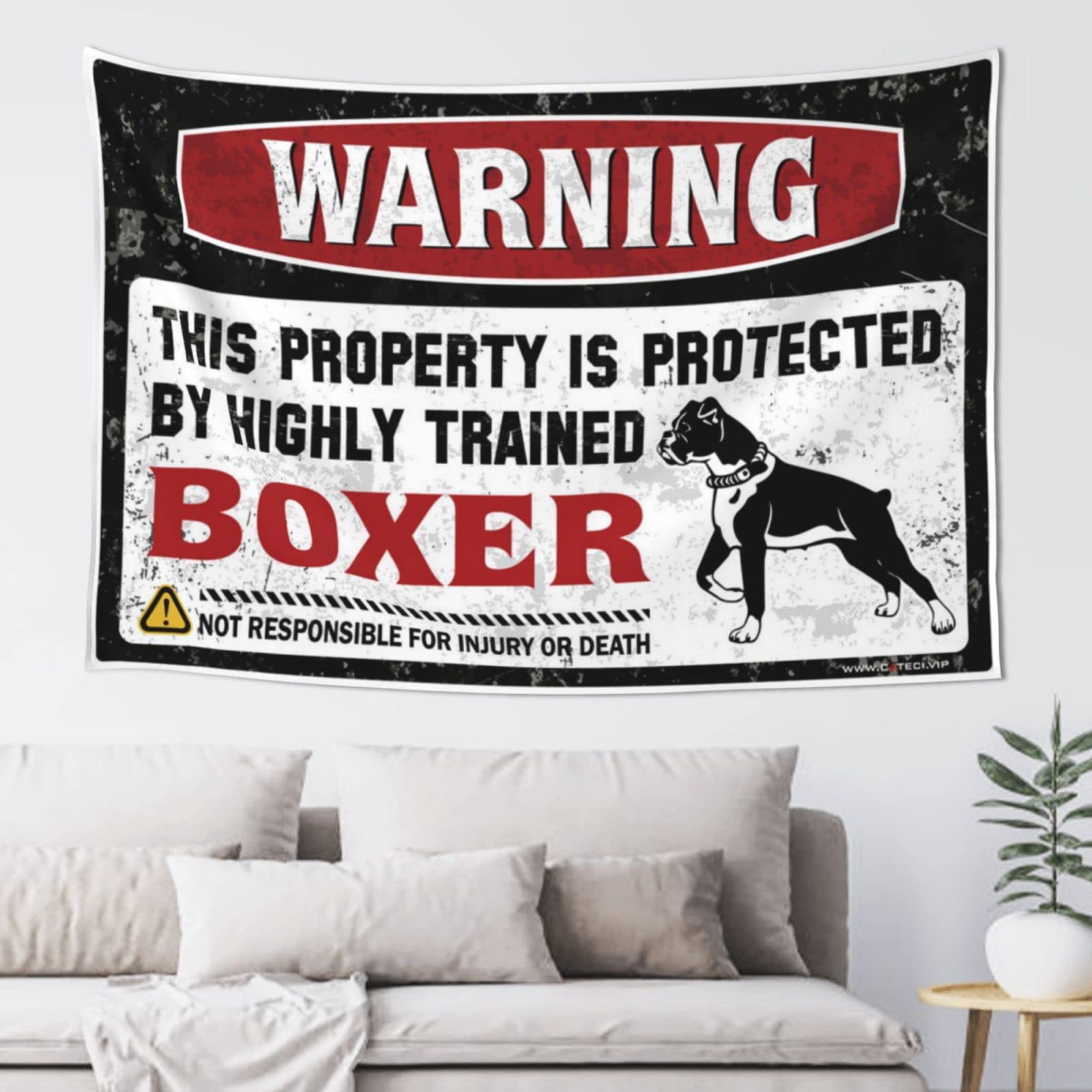 Pravoxi Men's One Color Sports Bar Decor Warning This Property Is Protected By A Highly Trained Boxer Tapestry Sports Bar Decor Tapestrys(100X150cm)