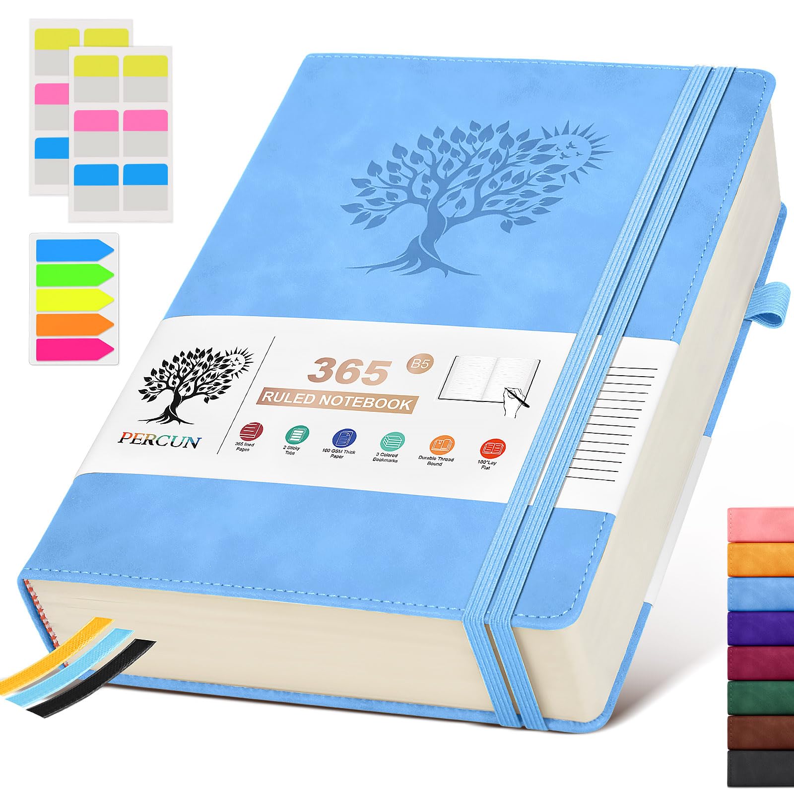 PERCUN Diario a righe formato B5, 365 pagine, grande, in pelle, per donne e uomini, con copertina rigida con pagine spesse 100 g/m², diario giornaliero per viaggi, lavoro, scuola, università, a righe