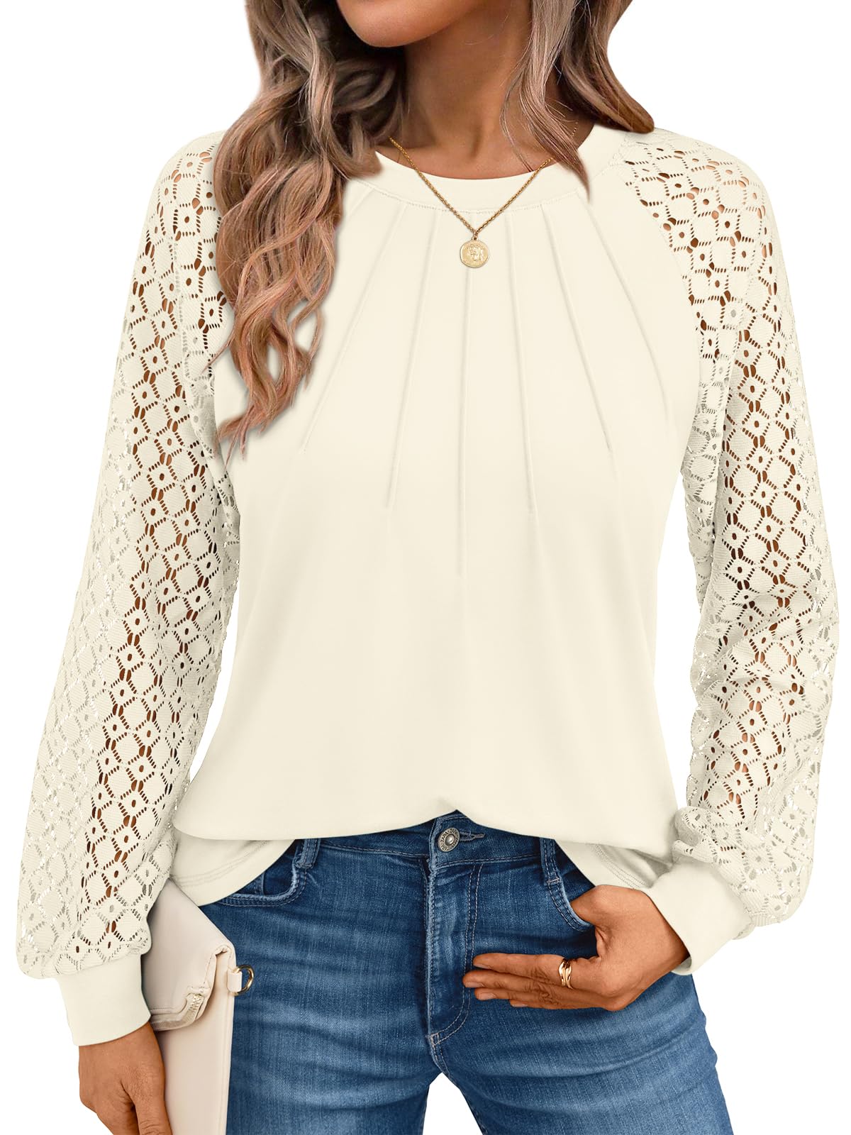 AUTOMET Womens Long Sleeve Shirts Pleated Lace Tops Fall Fashion Outfits Business Casual Blouses