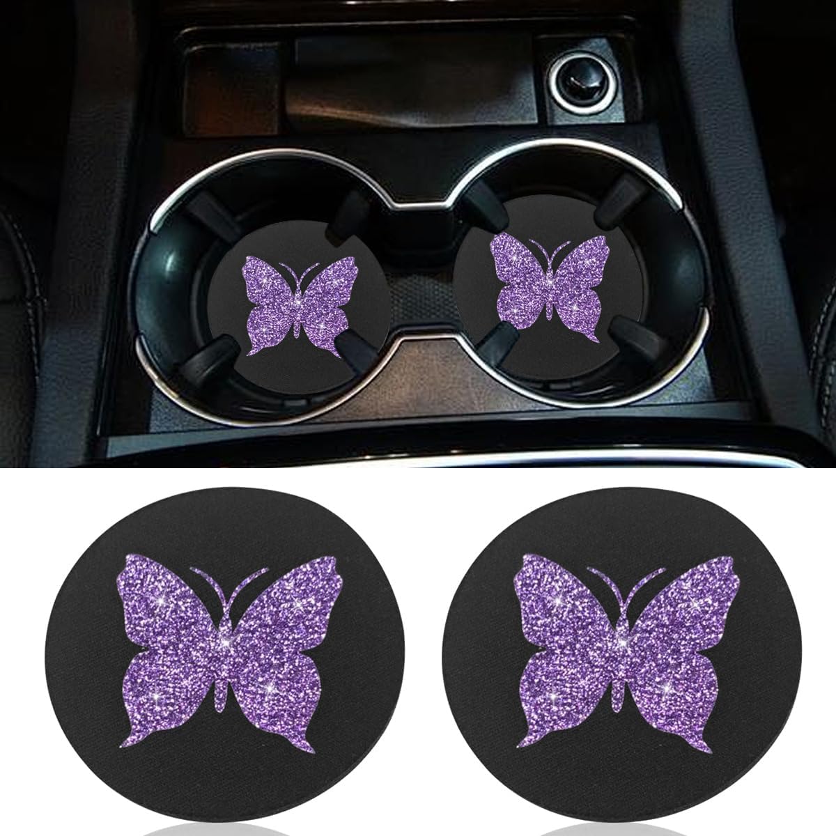 2PCS Bling Butterfly Car Cup Holder Coaster (Purple) | 2.75'' Universal Auto Non-Slip Embedded in Ornaments Cup Coaster, Rhinestone Auto Interior Drink Water Bottle Mat Accessories