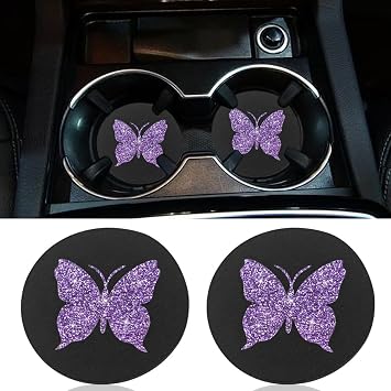 2PCS Bling Butterfly Car Coasters, 2.75 Anti Slip Insert Cup Holder Coaster, Rhinestone Vehicle Cup Holder Decoration Pad, Universal Auto Interior Drink Water Bottle Mat Accessory Purple