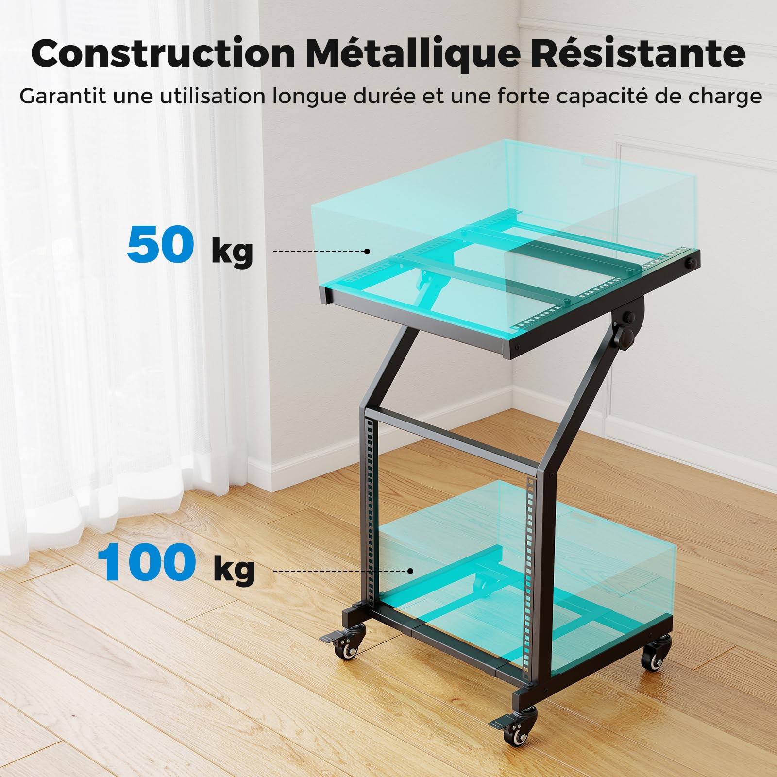 COSTWAY Rack Audio Professionnel à 2 Niveaux, Support pour Table de Mixage DJ 9U avec Barres Transversales Réglables roulettes Verrouillables, Chariot de Scène à roulettes pour Studio Bureau