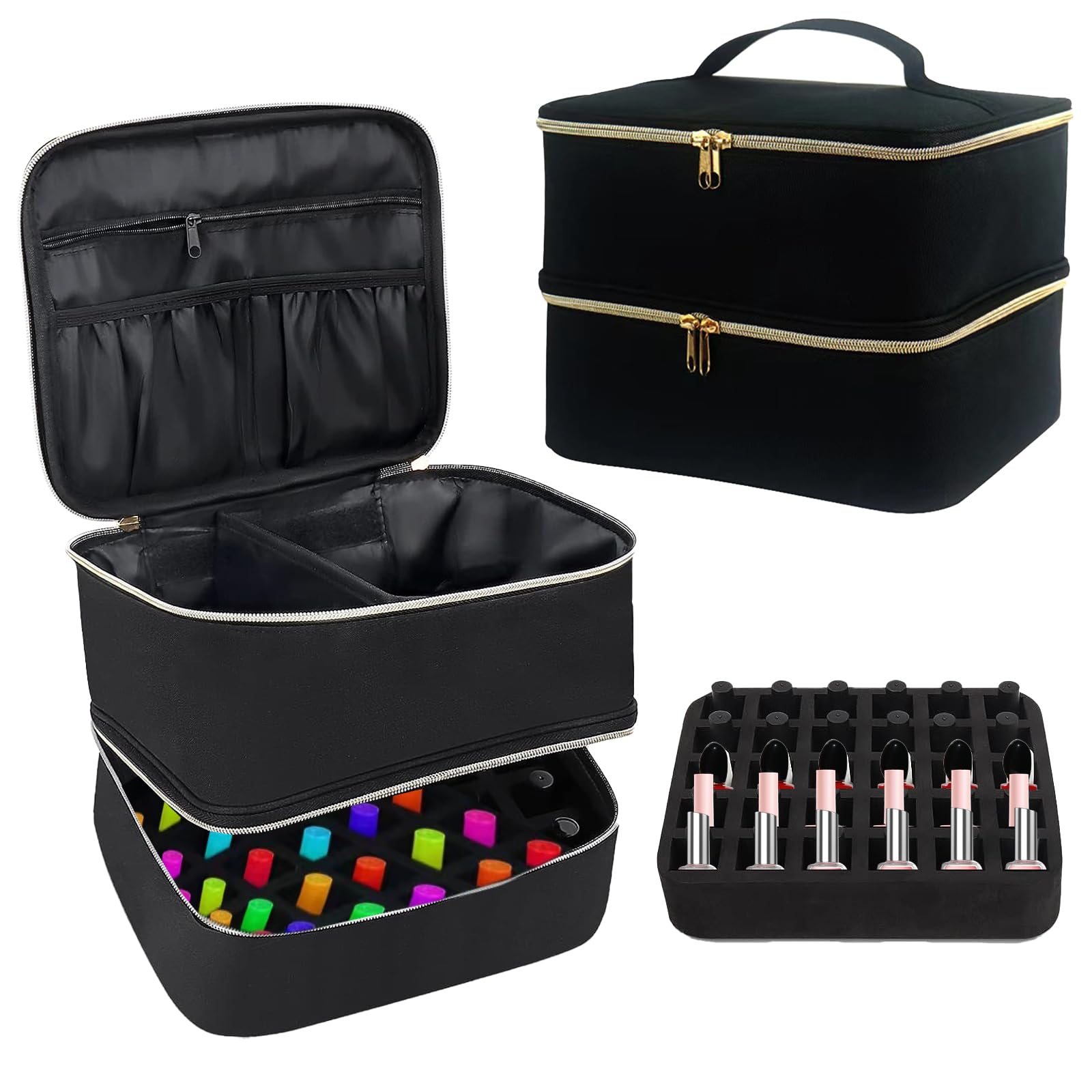 Nail Polish Organiser Bag, Double Layer Nail Varnish Storage Holds 30 Bottles and A Nail Lamp, Traveling Nail Polish Storage Case Portable Nail Lipstick Beauty Tools Box(Black)
