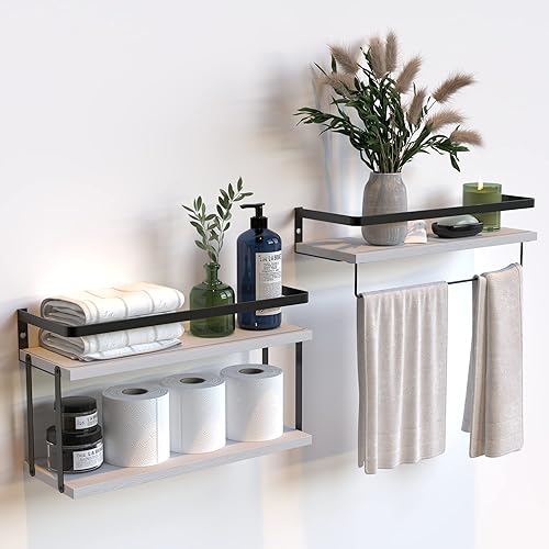Miniatura 13 de RICHER HOUSE Estantes flotantes de doble nivel, estante de madera rústica montado en la pared, estante de almacenamiento de papel higiénico para