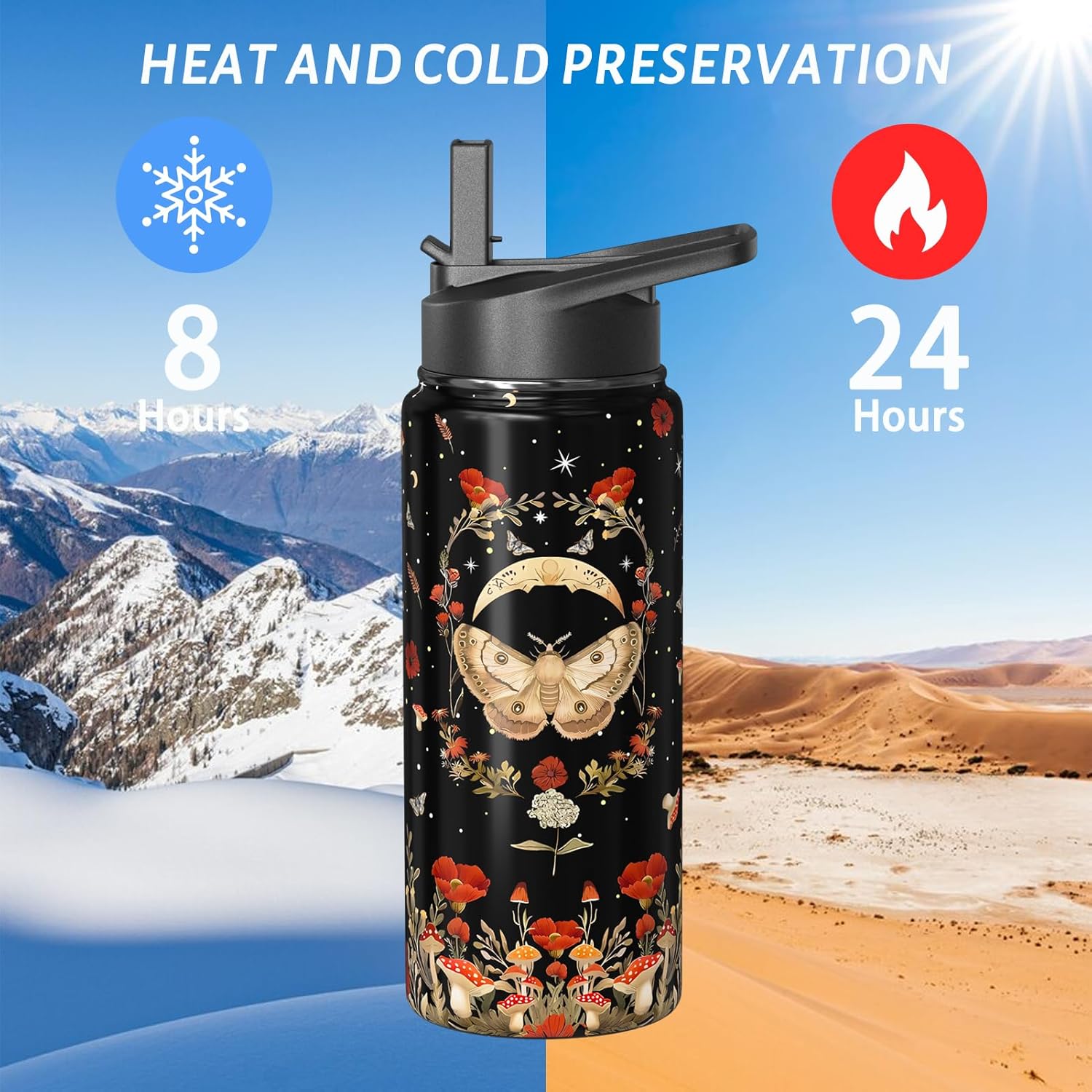 Goth Gifts 18oz Sport Water Bottle with Flip Straw & Spout Lid, Gothic Poppy Moth Stainless Steel Insulated Gym Water Bottle, Mushroom Moon Gifts for Women Men (1 PC)