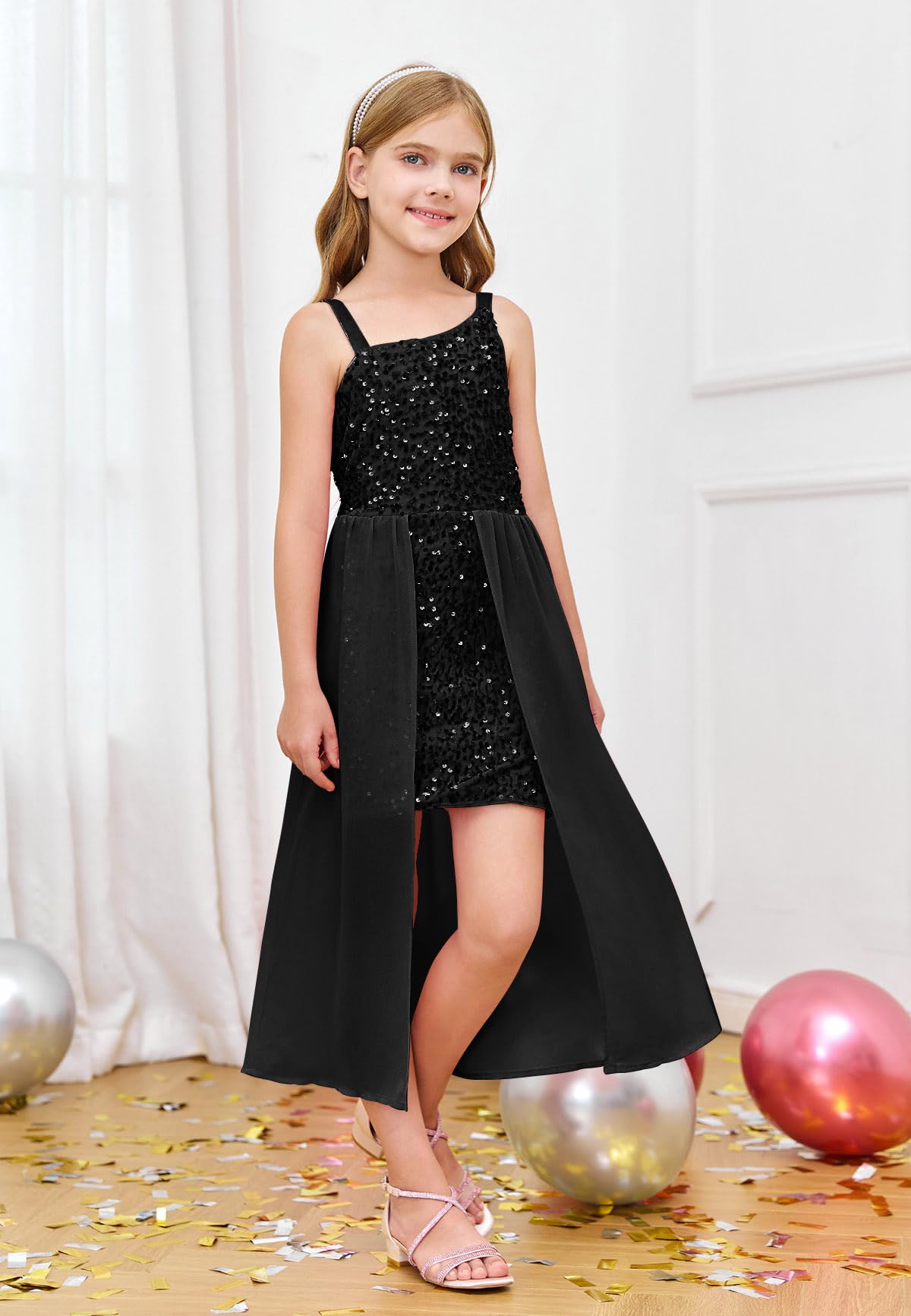 Haloumoning Vestito da bambina con paillettes, formale, scintillante, monospalla, per feste di fine anno, 4-14 anni
