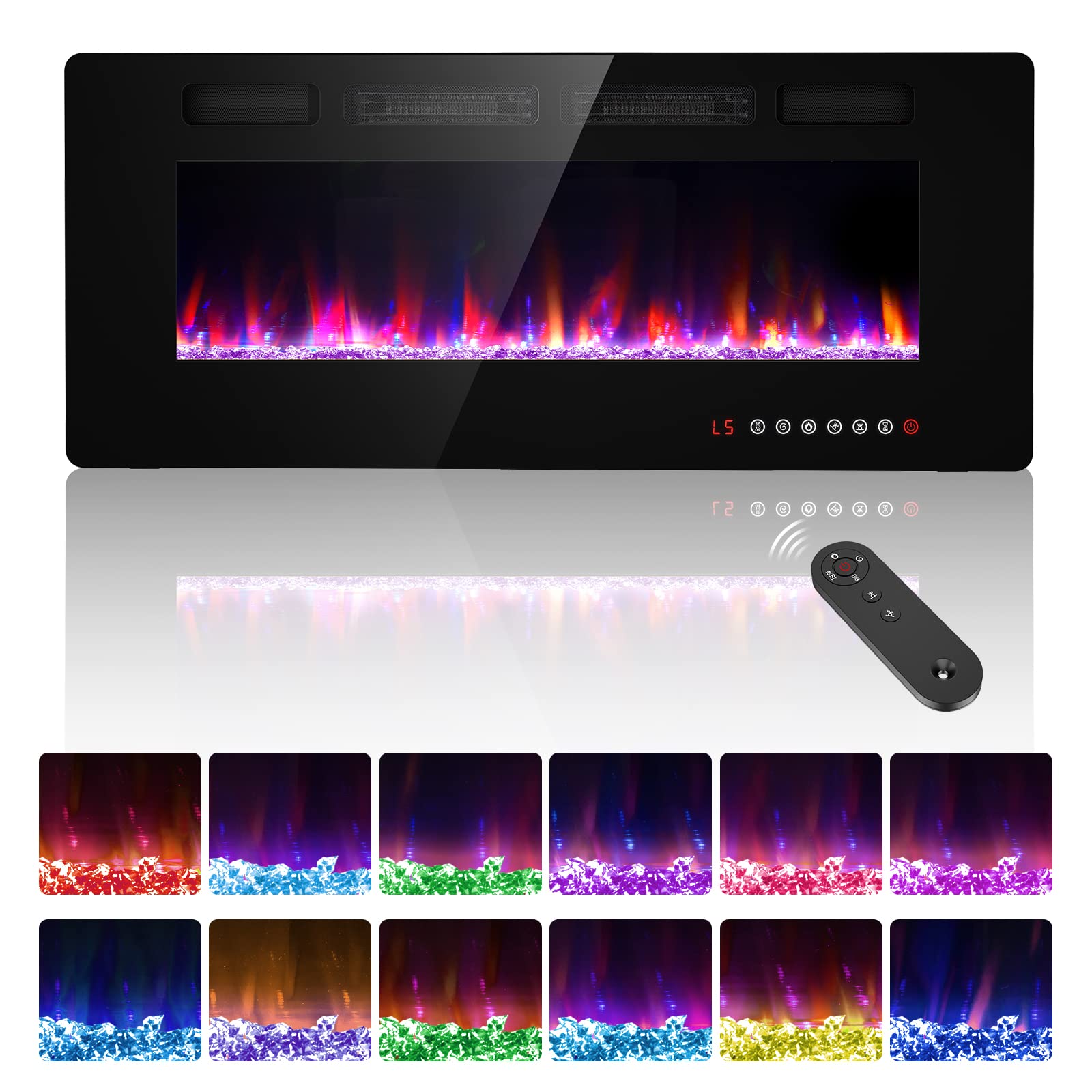 42 inches Electric Fireplace-Wall Fireplace for Living Room-Fireplace Freestanding/Inserts/Wall Mounted with Remote Control, Timer, Dimmer, 12 Flame Colors, 750/1500W, Ultra Thin