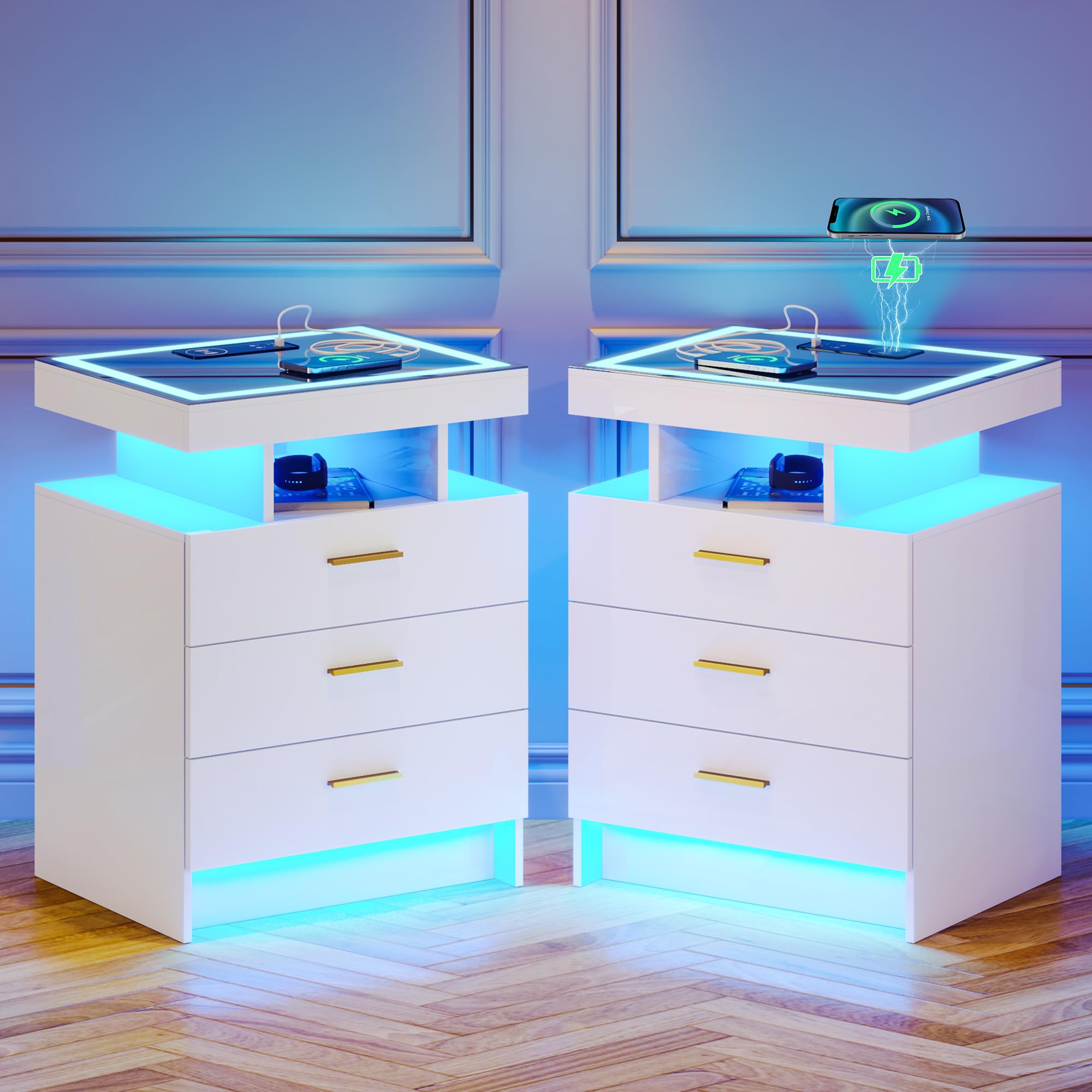 Lvifur 2 Set Nightstands with Wireless Charging & LED Lights