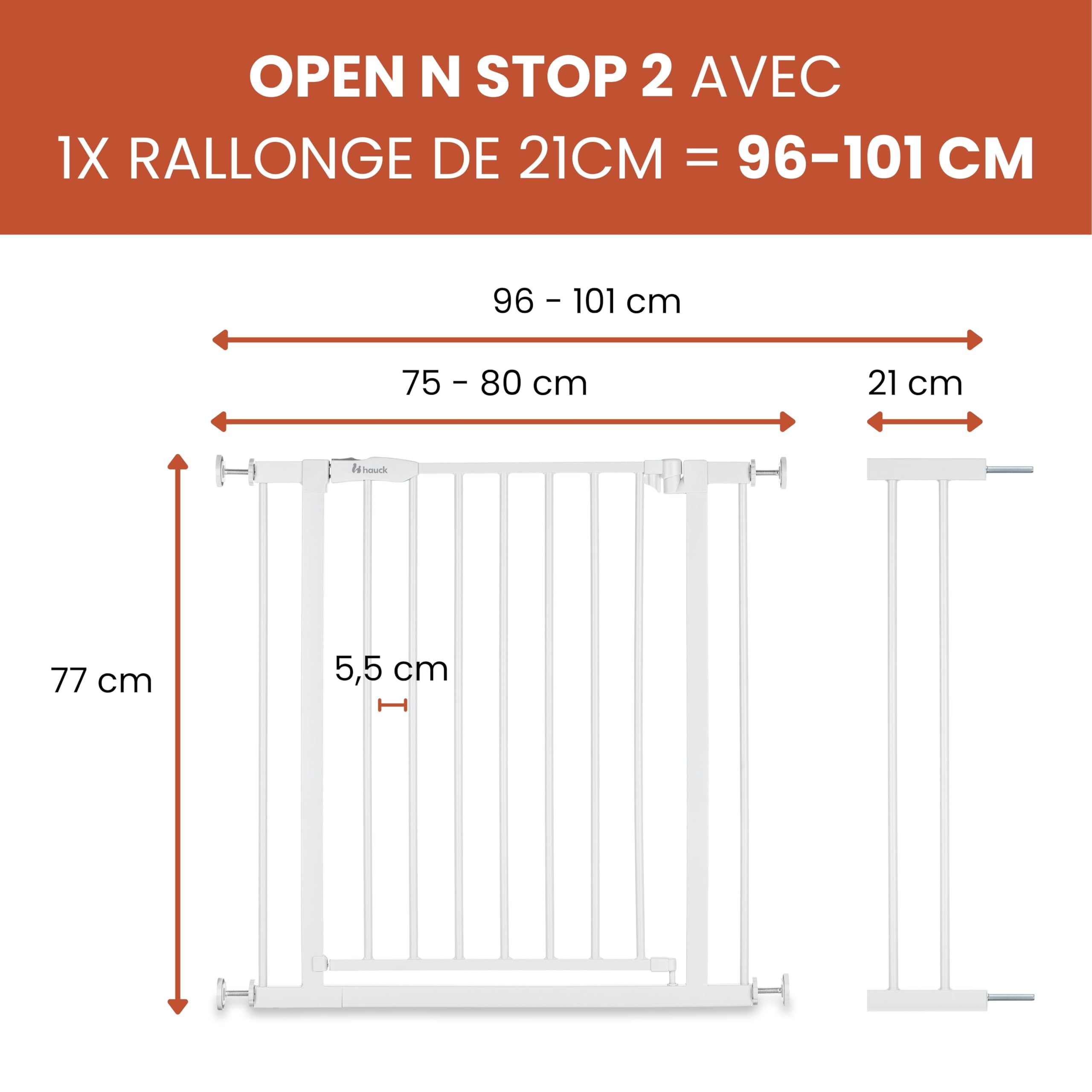 hauck Barriere de Securite Enfant et Chien Open N Stop 2 avec Extension 21 cm – Largeur 96–101 cm, Hauteur 77 cm, Ouverture une Main des deux Côtés, Installation sans Perçage, pour la Maison - Blanc