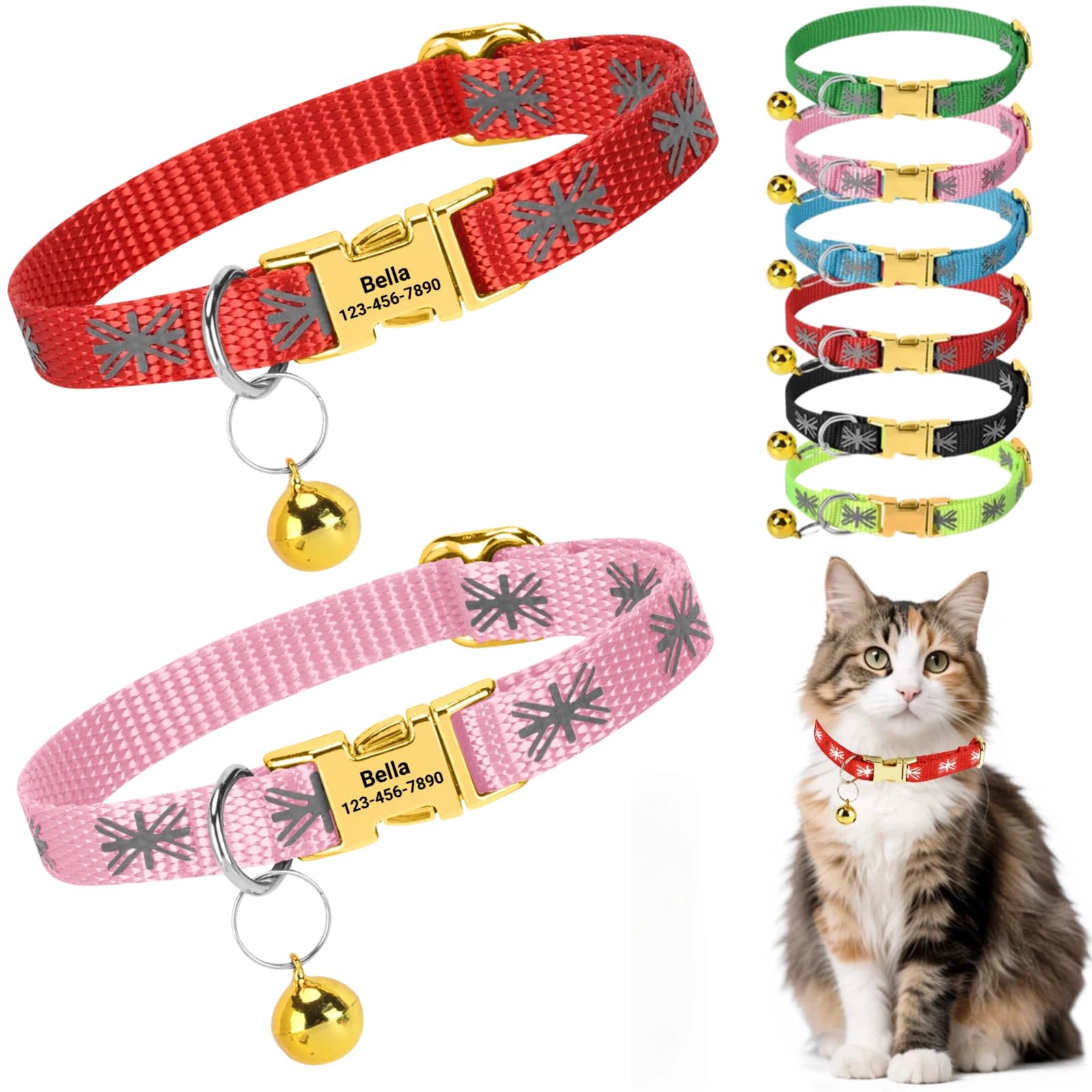 2 Pack Personalised Cat Collar with Custom Engraved Name Tag Quick Release Metal Buckle Reflective Kitten Collar with Bell Adjustable 19-29cm for Boys and Girls (Red+Pink) โ image 1