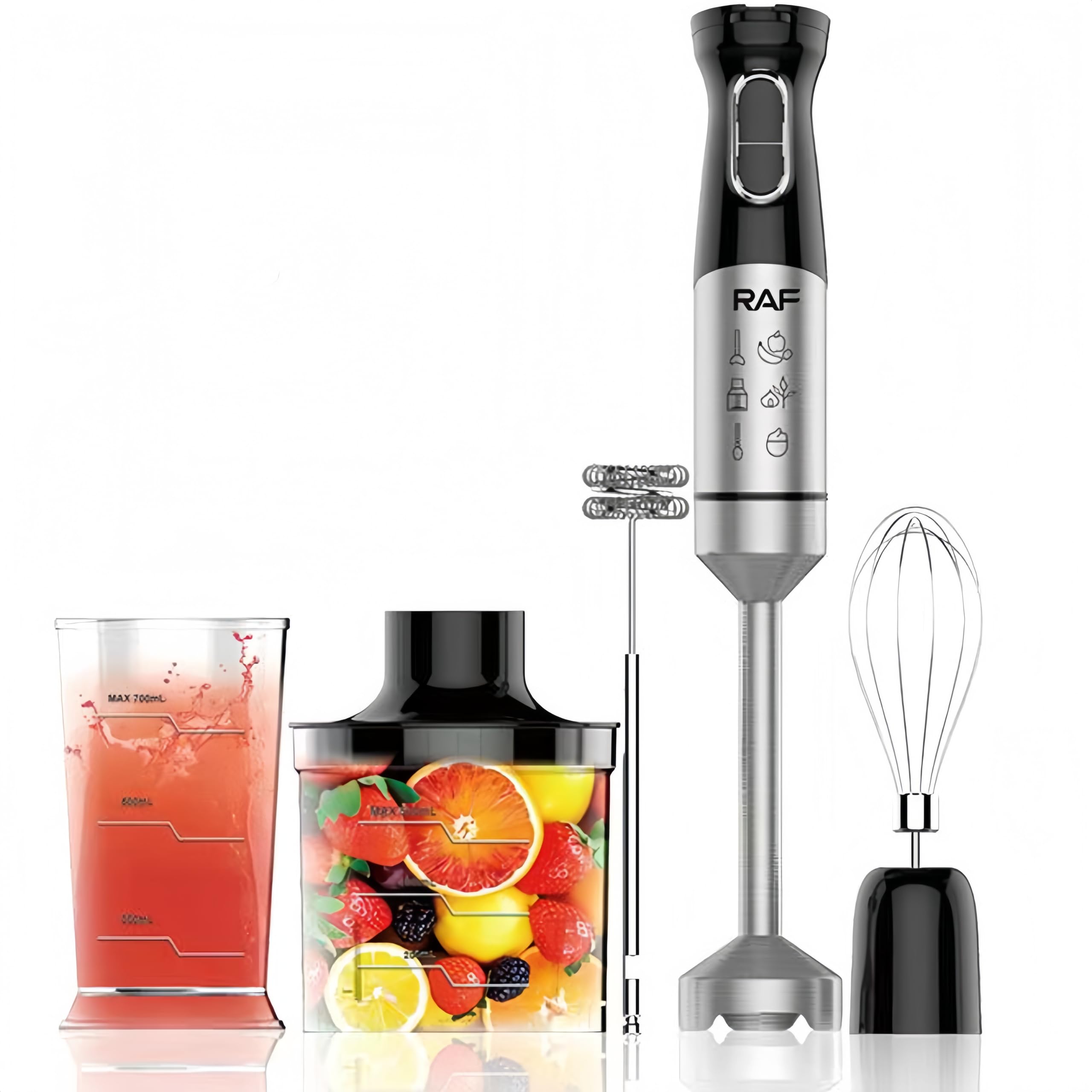 5 in 1 Stainless Steel Hand Blender Powerful 1500W 2 Speed Modes 4 Blade Blades Turbo Modes, Includes Whisk, Milk Frother, 500ml Food Chopper and Measuring Cup