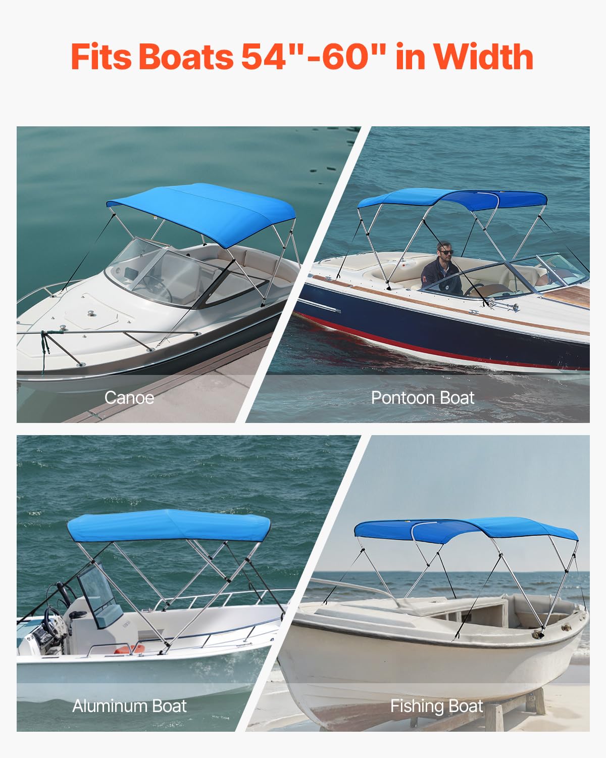 VEVOR Tendalino per Barca a 3 Archi, Poliestere 600D, Telaio in Lega di Alluminio, Impermeabile, Parasole, Larghezza 137-152 cm, Blu Pacifico