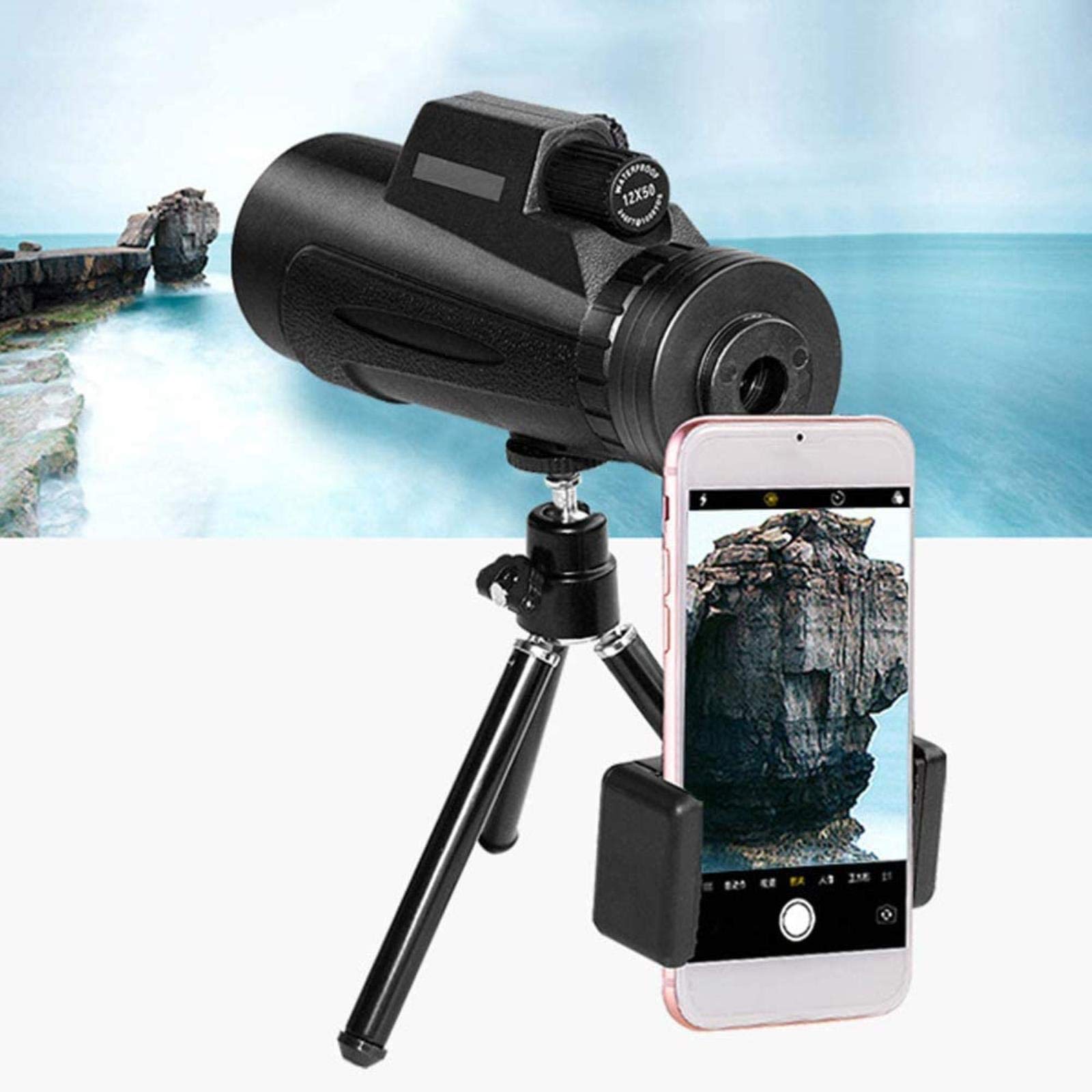 Jumelles compactes étanches 12x50, avec Objectif Prisme BAK4 Portable, Adaptateur pour Smartphone et trépied pour l'observation des Oiseaux, intérieur/extérieur