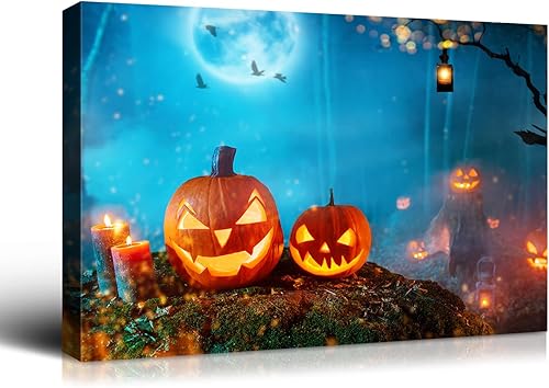 Denozer - Lienzo decorativo para pared con imágenes temáticas de Halloween, decoración de pared de calabaza iluminada, decoración de pared del hogar