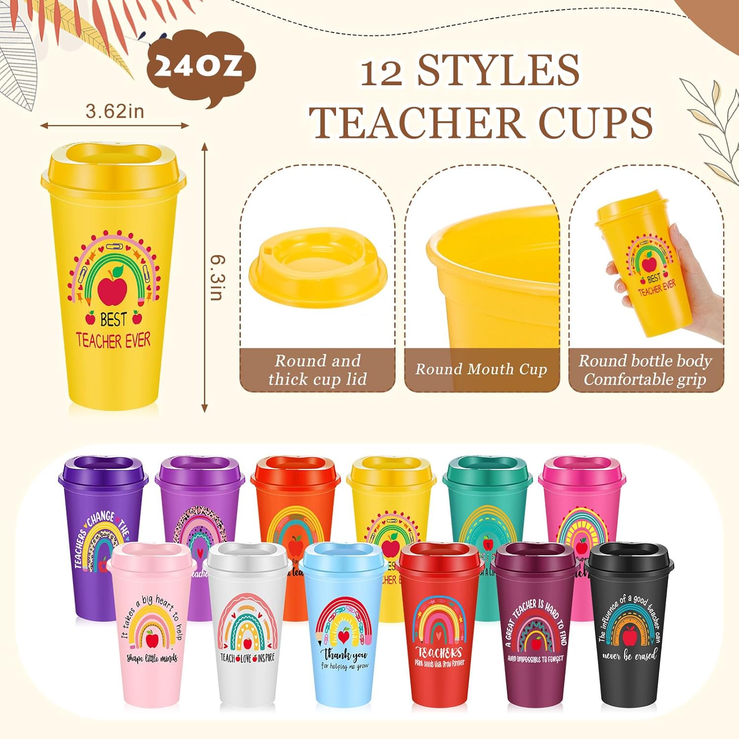 Pickmesh Teacher Appreciation Gift 2026 Bulk 48 Pcs / 12 Sets Thank You Teacher Gift 24oz Plastic Tumblers Makeup Bag Keychain Ballpoint Pen for Teacher's Day(Rainbow Coffee Cup,Multicolor)