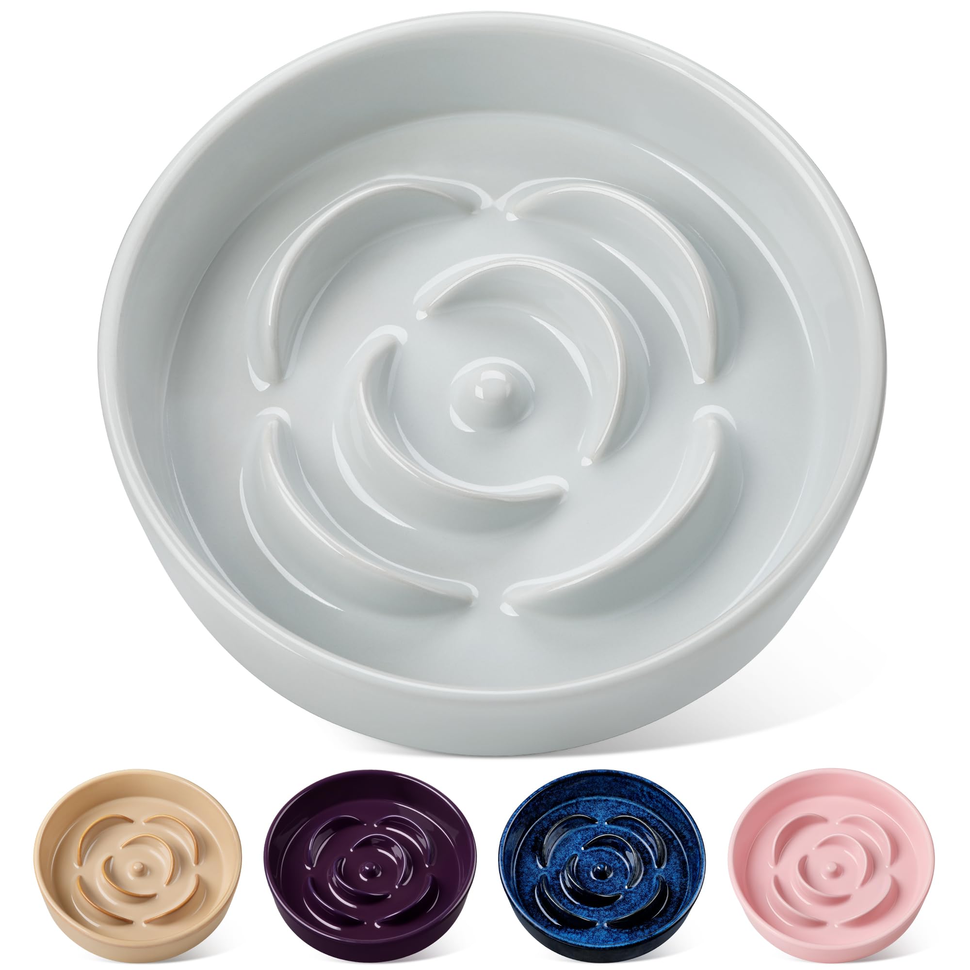 vancasso Flower Shaped Slow Feeder Dog Bowl 1560ml Pet Bowl, Ceramic Puzzle Feeder for Small Dogs & Cats, Dishwasher & Microwave Safe, Ideal for Food and Water, Non-Slip & Tip-Proof; Grey; Large