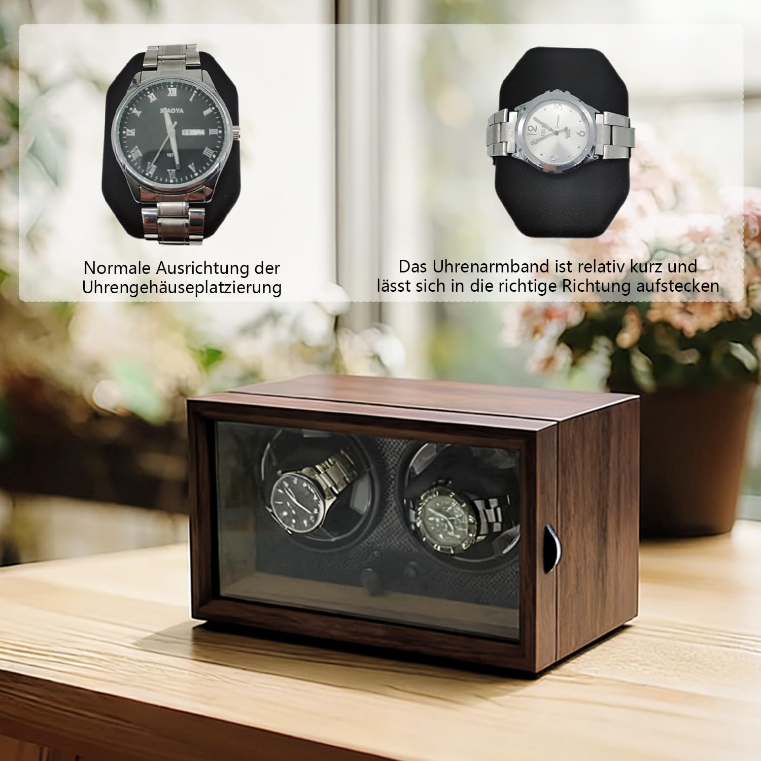Automatik Uhrenbeweger 2 Uhren, Doppel Uhrenbeweger für Automatikuhren, Watch Winder Box mit 4 Wickelschwingmodi Einstellung und Blau Beleuchtung, Automatische Uhrendreher für Herren und Damen