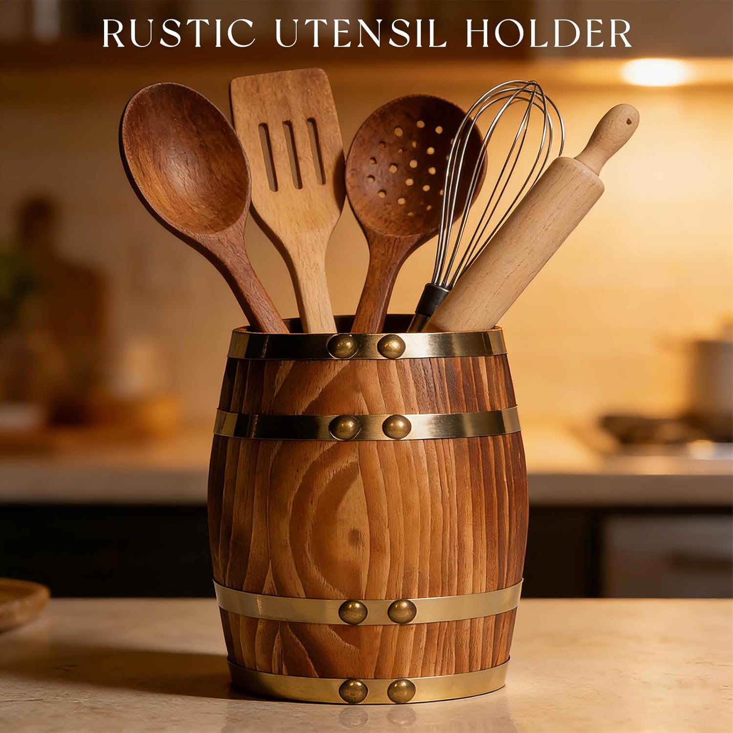 2-Pack 7.9 in Wooden Whiskey Barrel Vases with Brass Hoops barrels for decor，Vintage Rustic Burnt Wood Cooking Tool Utensil Holder ，Rustic Flower Vase for Home Decor, Western Farmhouse Vintage Kitchen