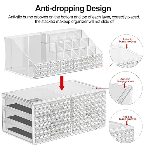 Miniatura 7 de Awenia Paquete de 4 organizadores de maquillaje apilables actualizado, almacenamiento de cosméticos acrílicos, gran capacidad con 11 cajones para