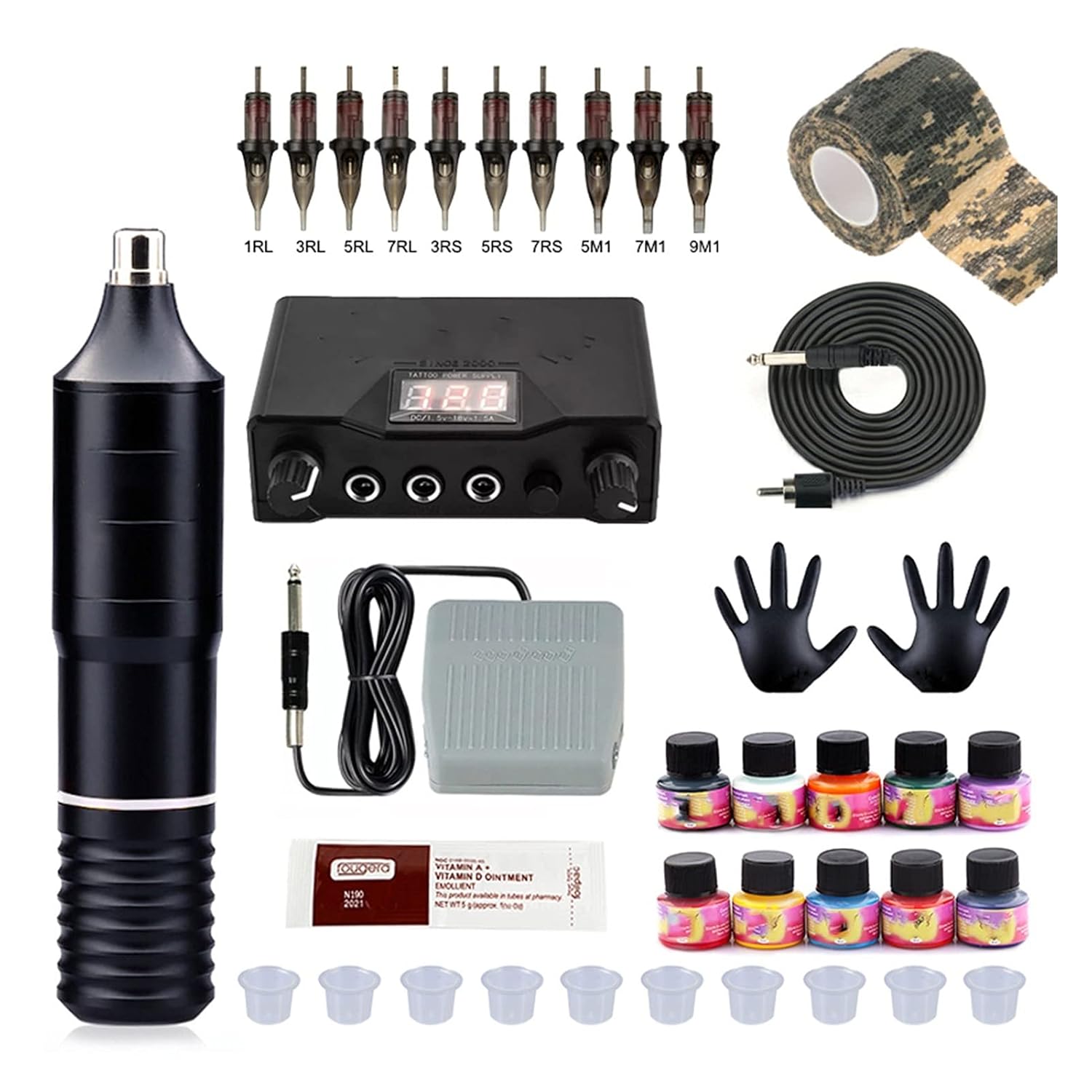 Tattoo Rotary Set LCD Power Permanent Makeup Strong Motor Rotary Tattoo Machine Pen Needles Cartridges Supply(Golden)