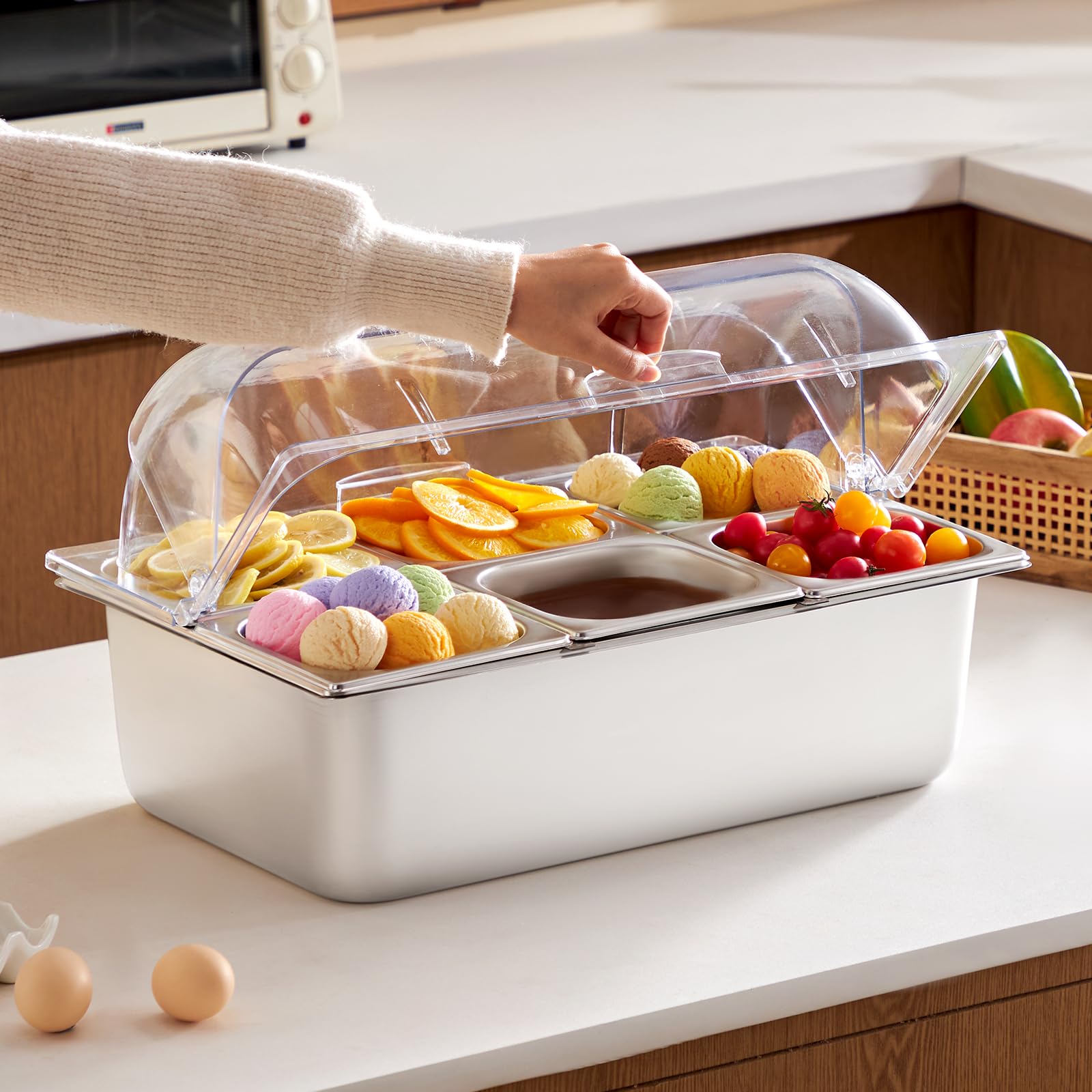 VEVOR Saladette Réfrigérée à Poser avec 6 Plateaux en Acier Inoxydable, Vitrine Réfrigérée Comptoir avec Couvercle Transparent et 3 Bacs à Glaçons, pour Buffert Restaurant Hôtel Cuisine Fête