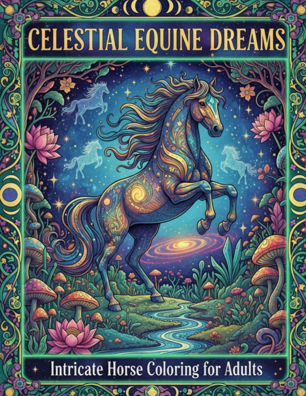 Celestial Equine Dreams: Majestic and Detailed Horse Illustrations Featuring Wild Spirits, Botanical Wonders, and Enchanted Landscapes for Mindful Adult Creativity