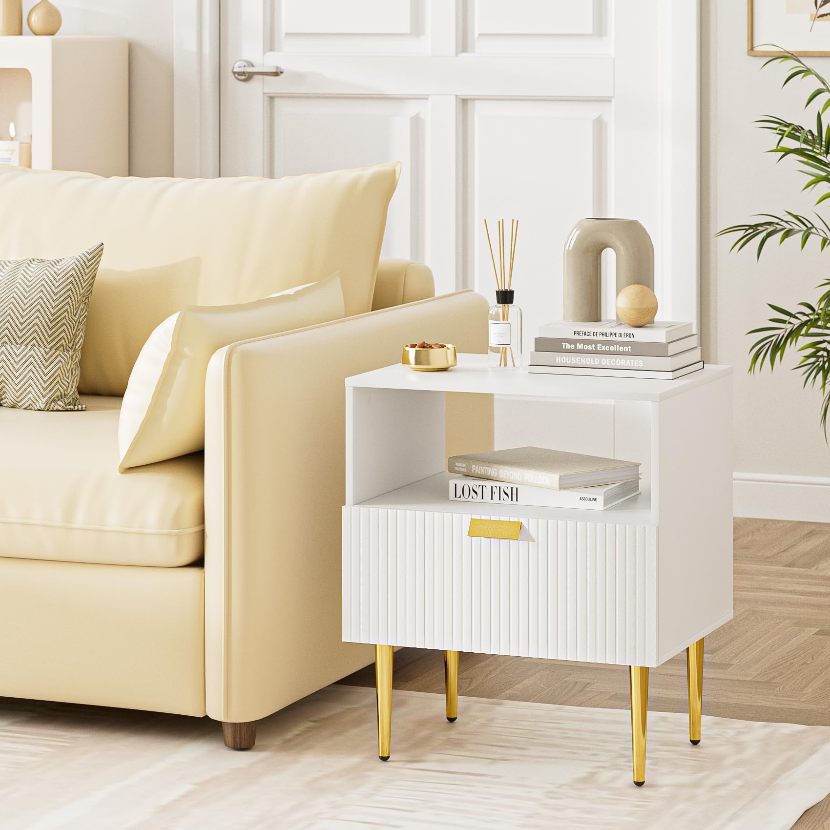HEYZOEY Table de chevet pour chambre à coucher, table de chevet striée, table d'appoint pour salon, table d'appoint avec tiroirs, meuble de chambre à coucher, à rayures blanches