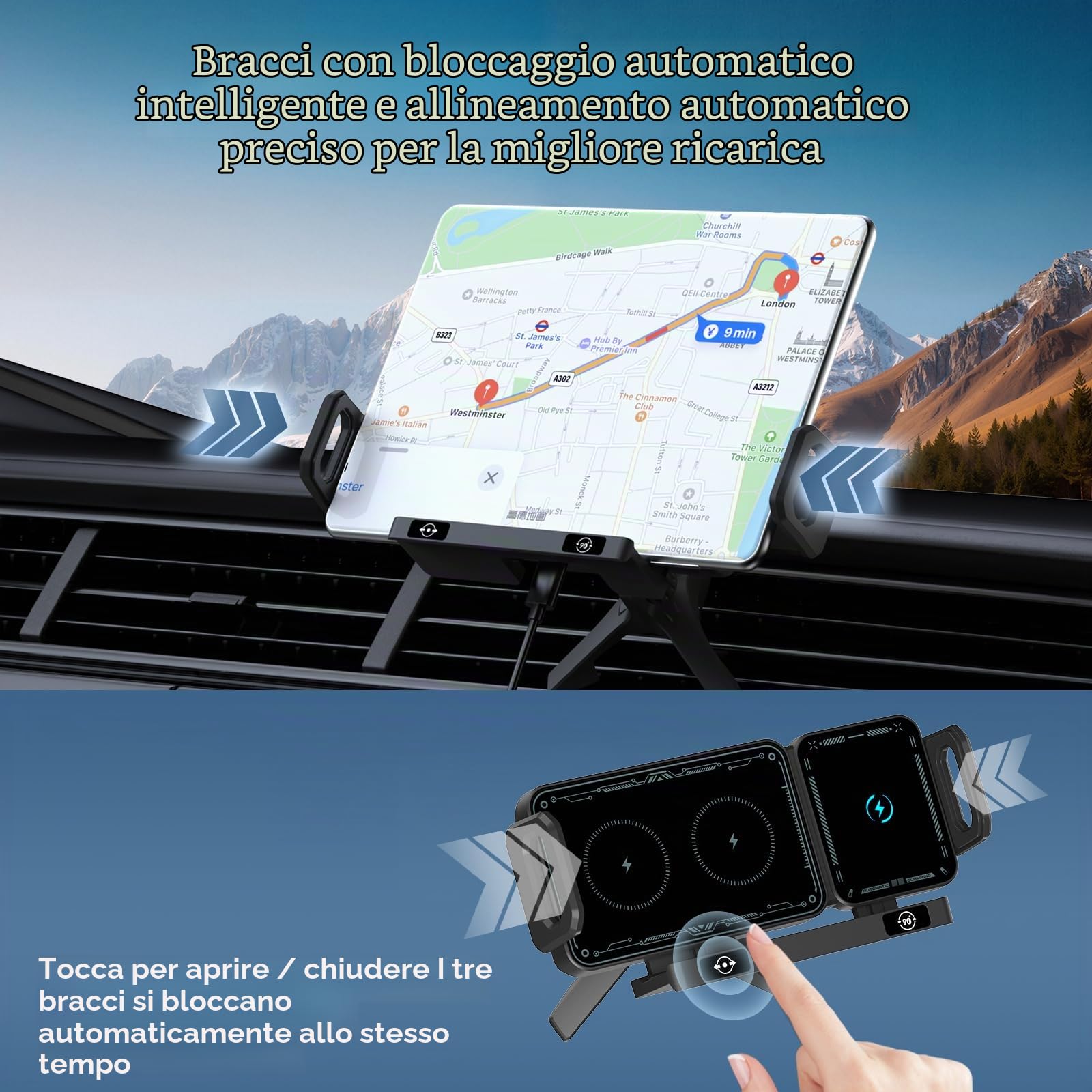 Supporto per cellulare auto per Galaxy Z Fold 7 6 5 4 3 2 con funzione di ricarica 15 W Dual Coils QC 3.0 Fast Wireless Charger Auto per Z Fold può ruotare automaticamente il supporto auto