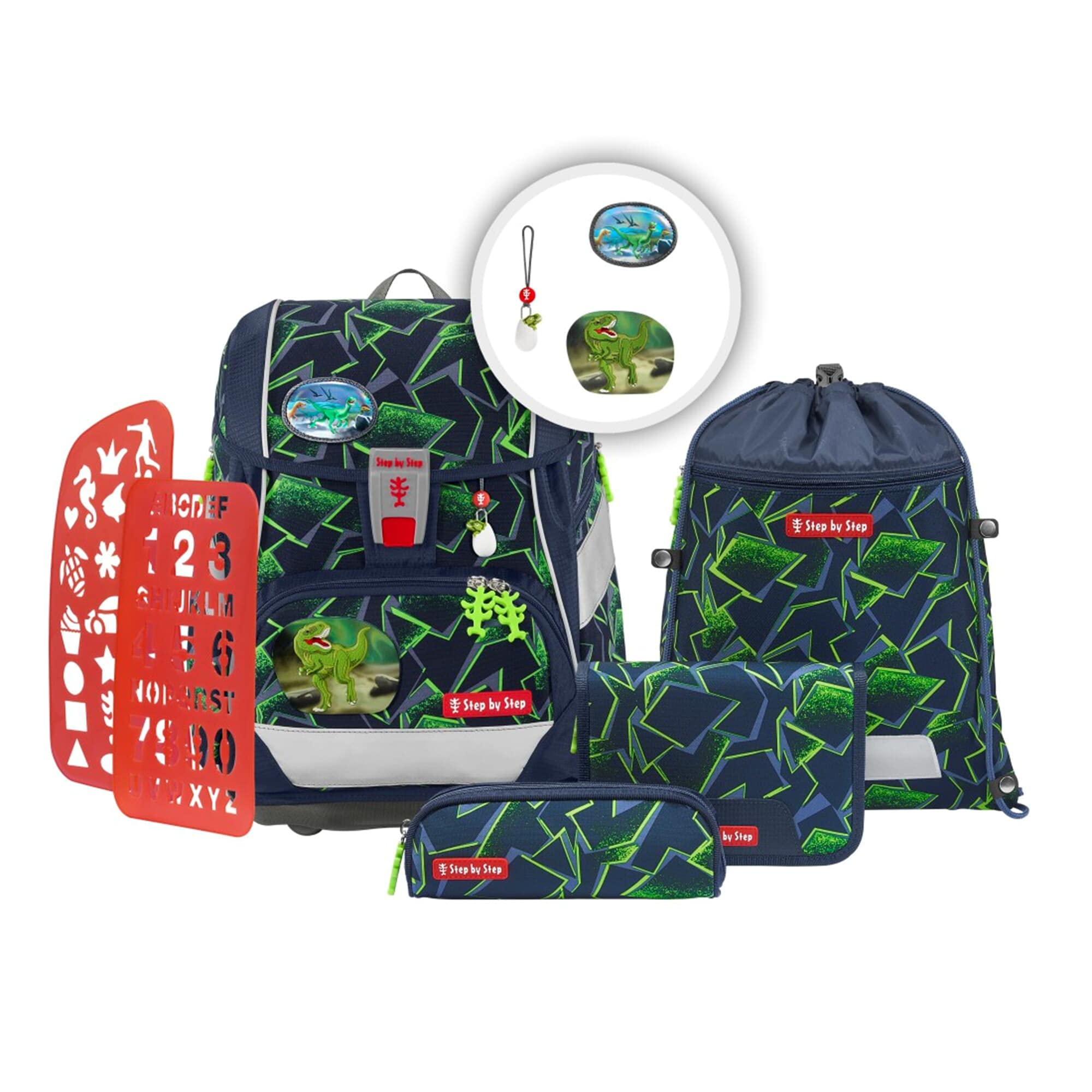 Step by Step Schulranzen-Set 2IN1 Plus „Wild T-Rex Taro“ – 6-teilig, grün-schwarz